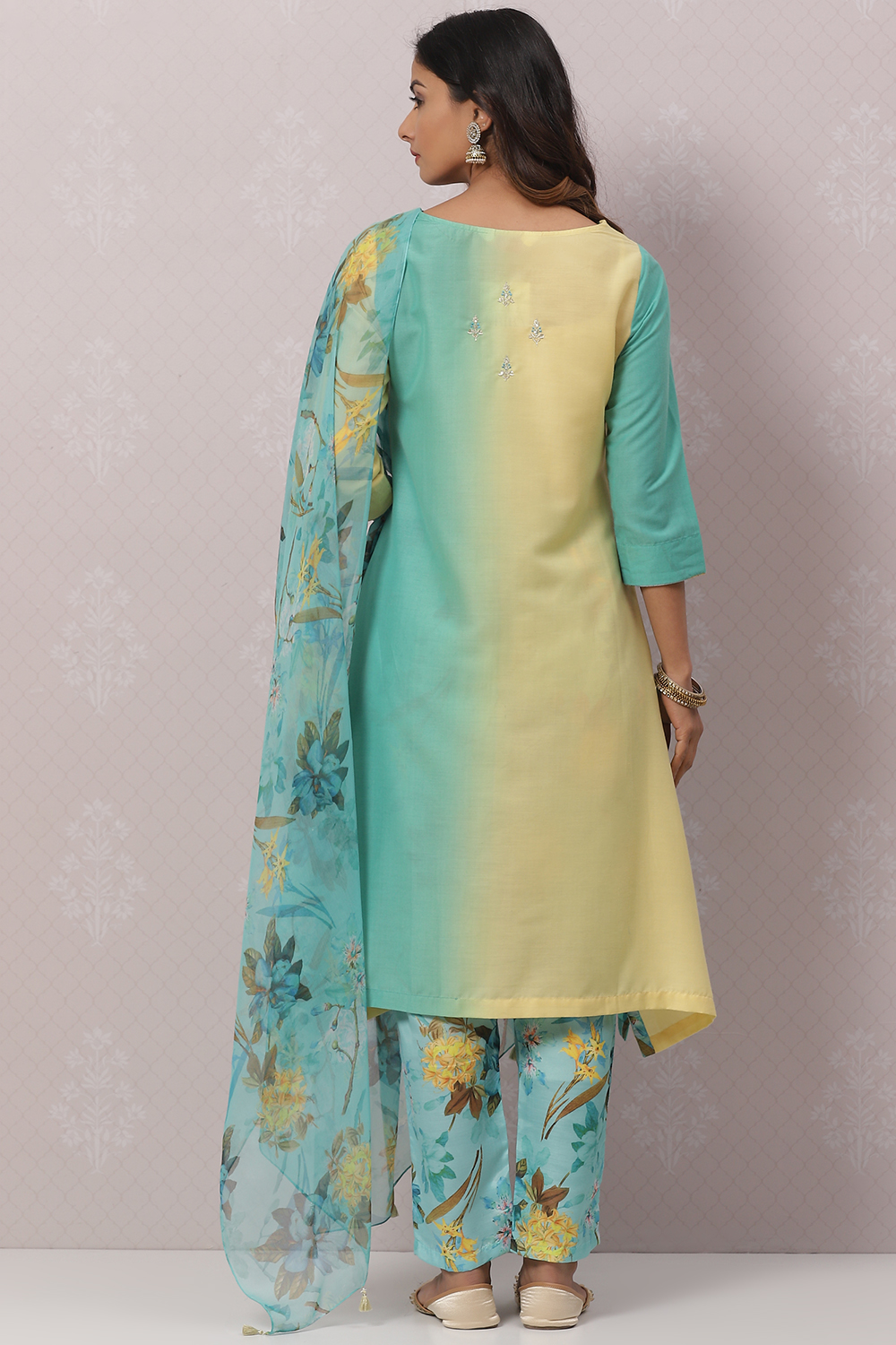 Sea Green And Pale Yellow Poly Viscose Asymmetric Kurta Pant Suit Set image number 4