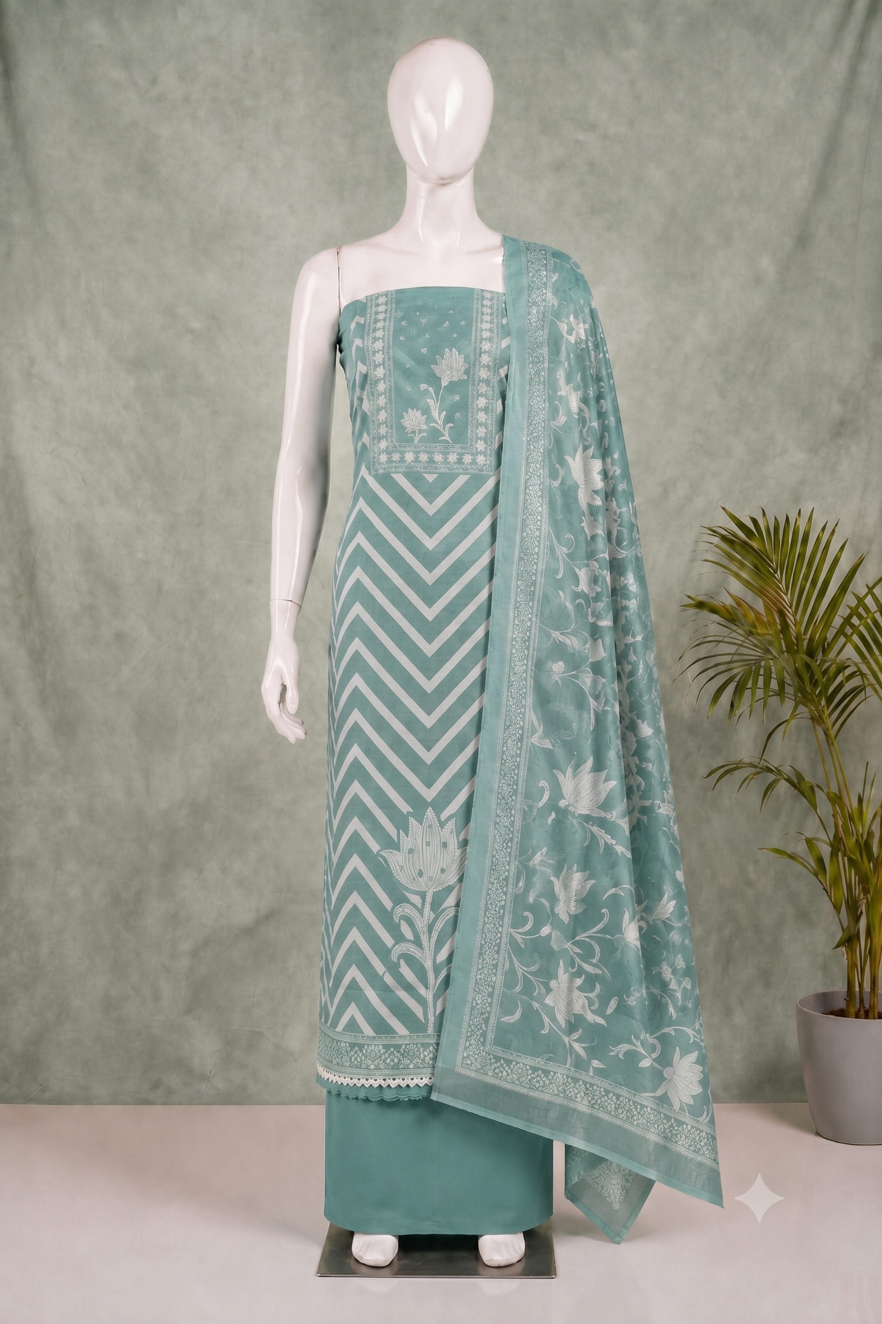 Peach Linen Modern Print Unstitched Suit Set image number 4