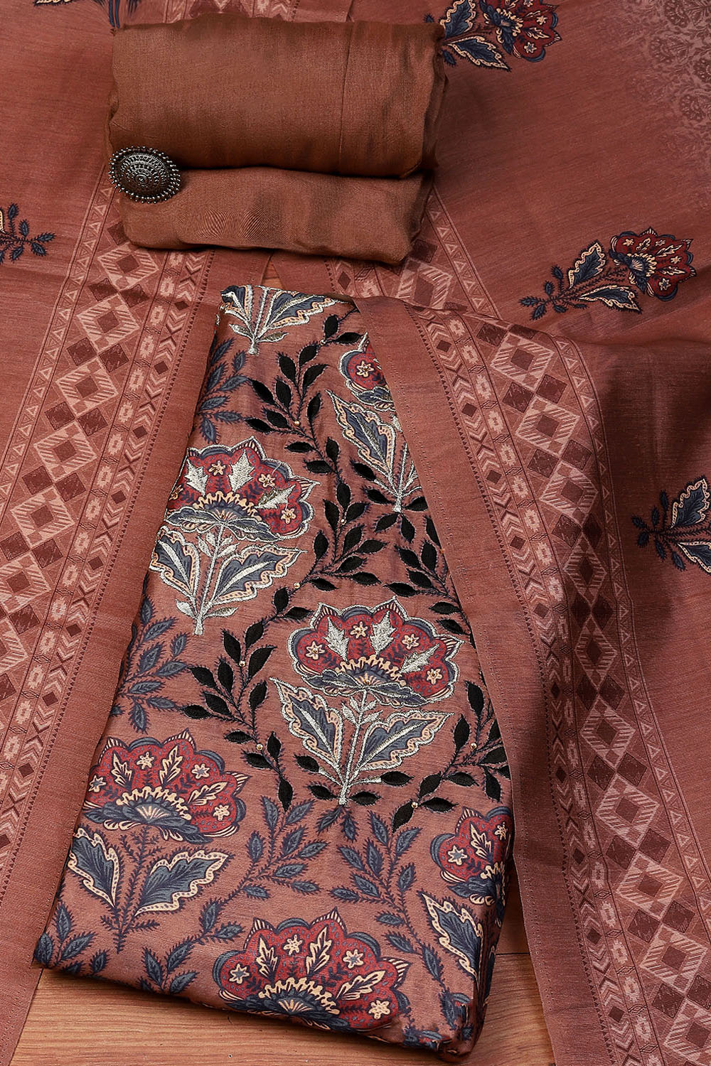 Brown Linen Blend Panelled Unstitched Suit Set image number 0