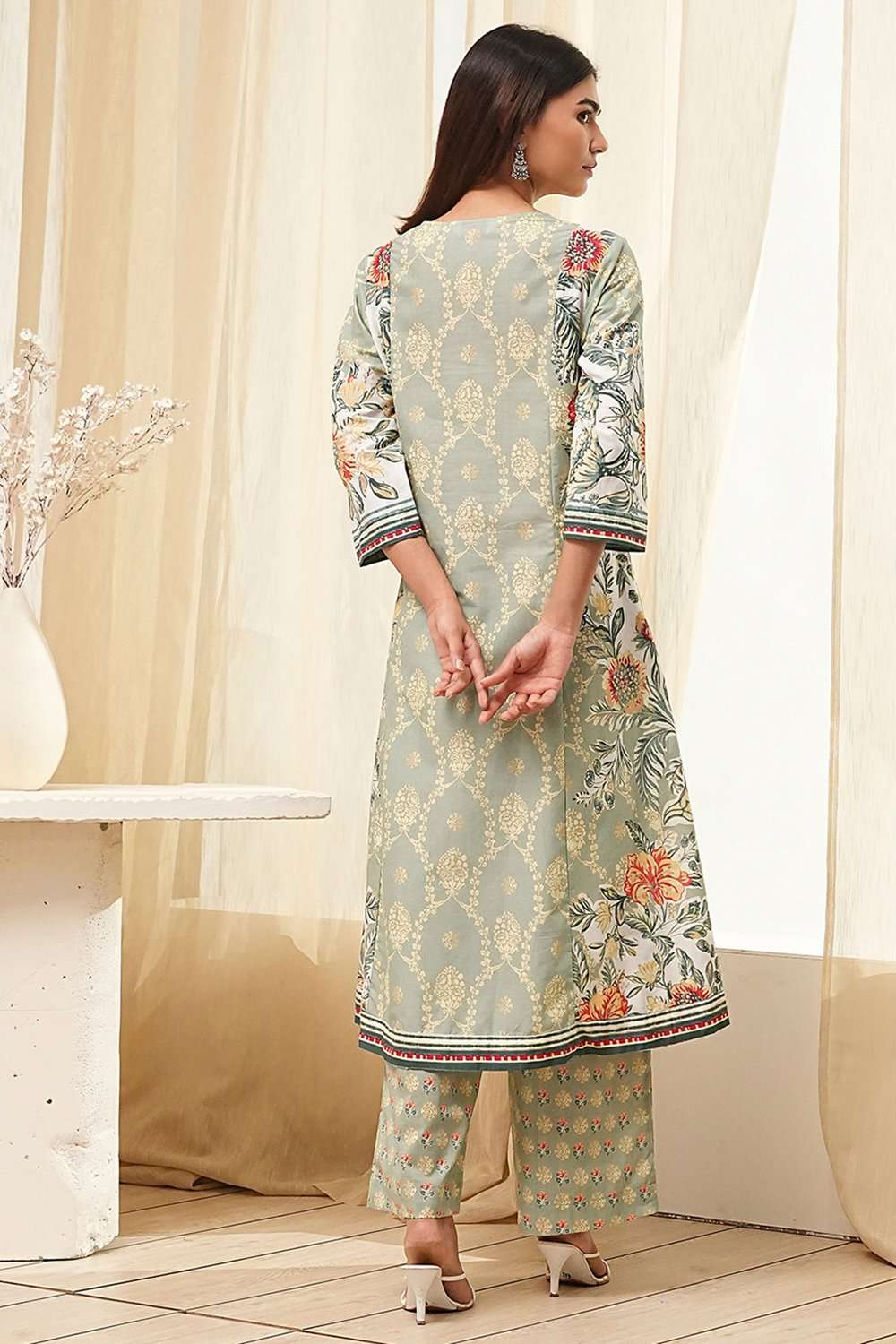 Sage Green Pure Cotton Floral Kalidar Suit Set image number 4