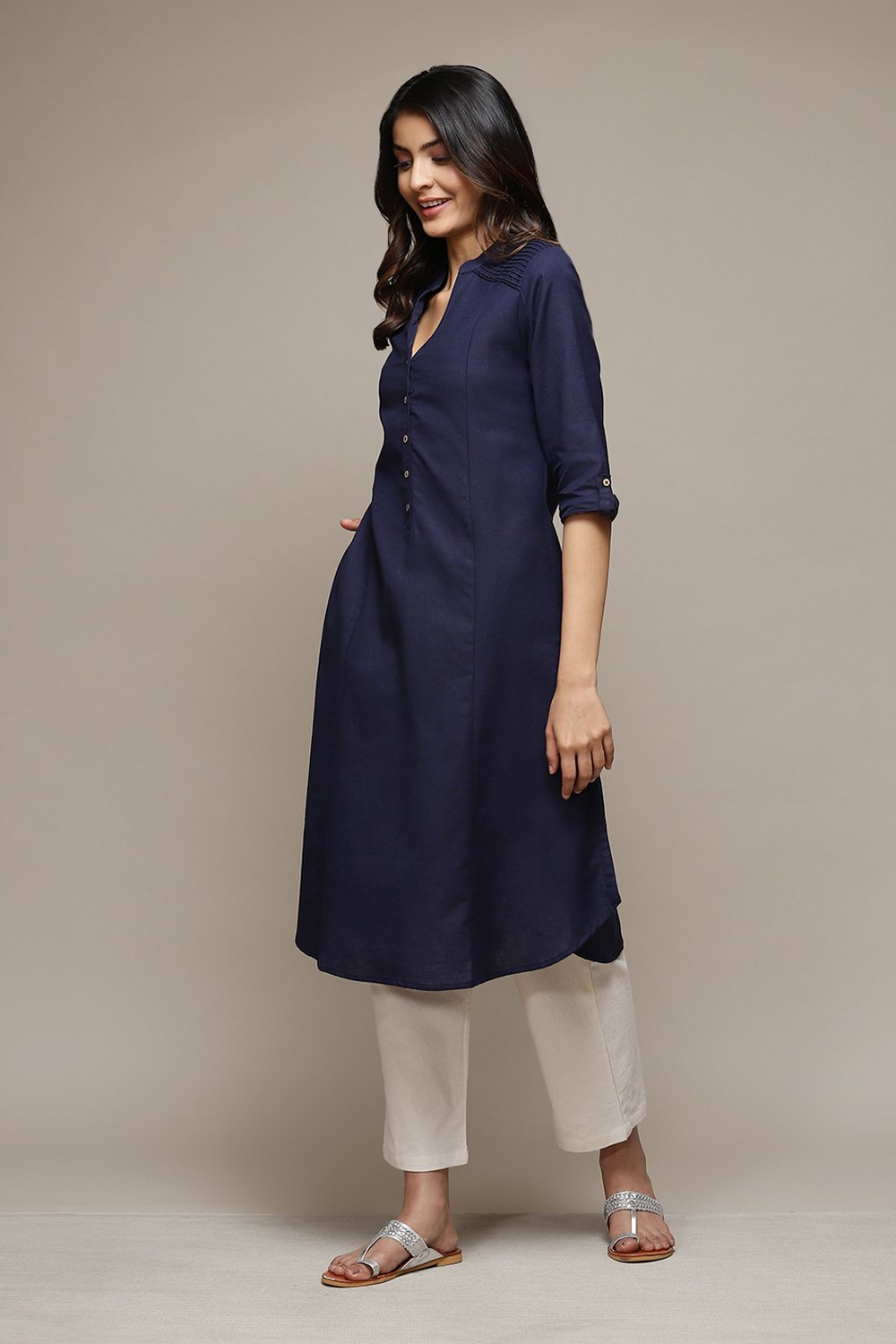 Navy Blue A-Line Solid Kurta image number 2