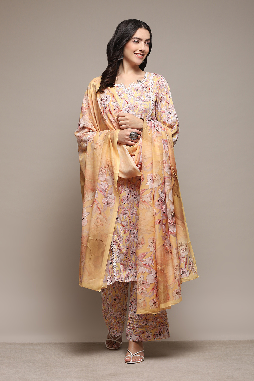 Yellow Cotton Blend Digital Print Unstitched Suit Set image number 8