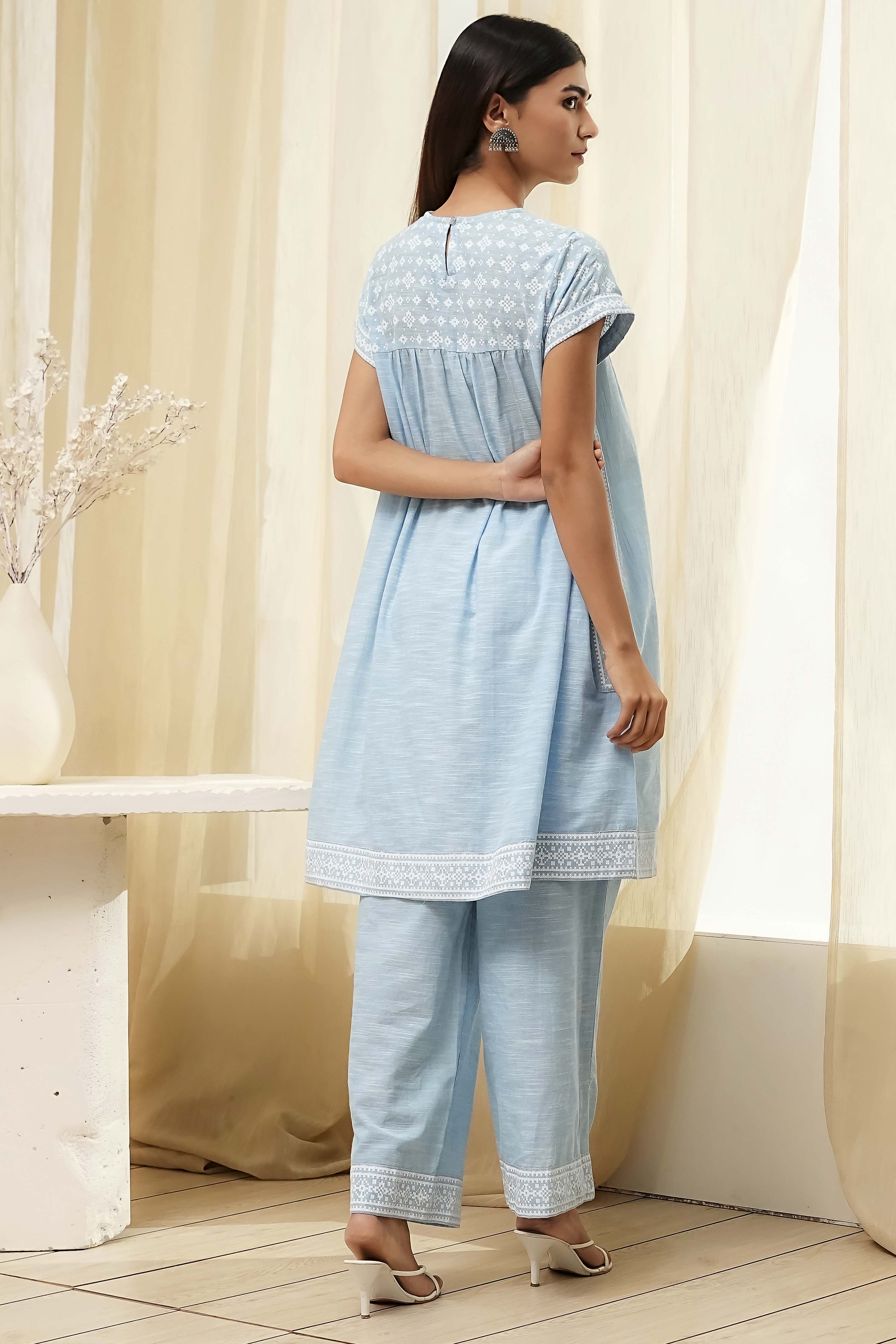 Light Blue Cotton Gathered Suit Set image number 4