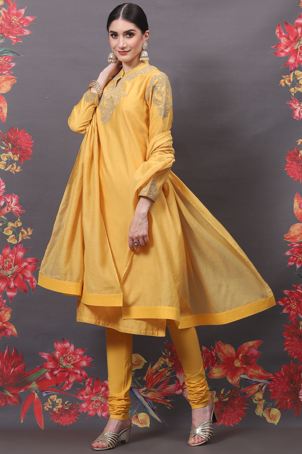 Rohit Bal Yellow Cotton Silk Straight Embroidered Suit Set image number 0