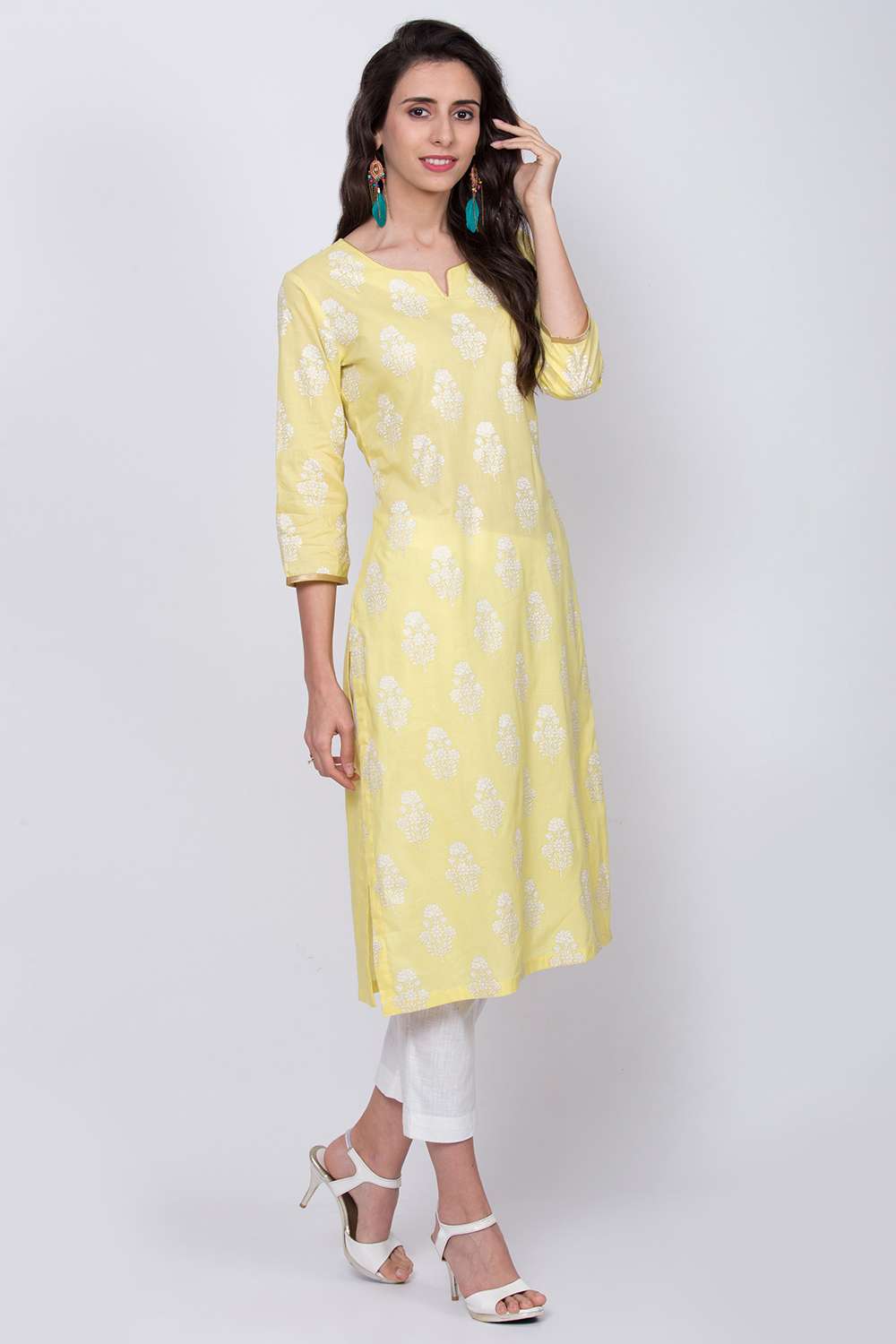 Lime Yellow Cotton Straight Printed Kurta image number 3