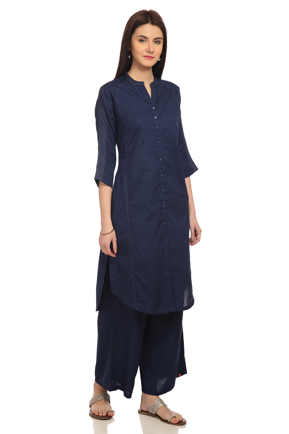 Navy Blue Front Open Cotton And Flax Solid Kurta image number 2