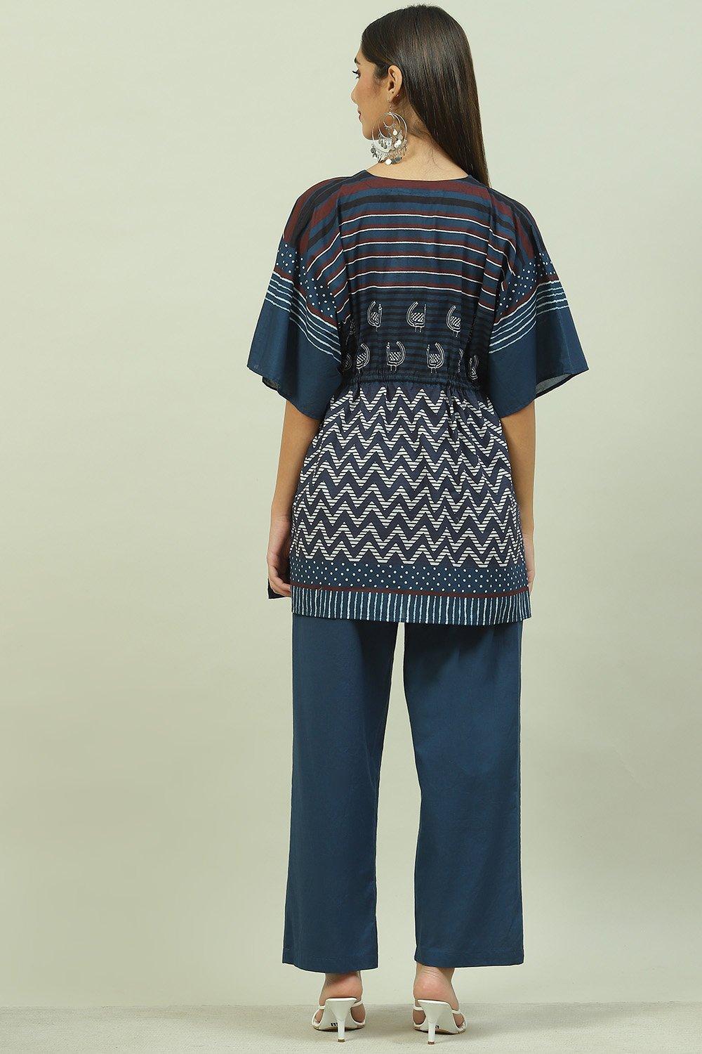 Navy Cotton Printed Kaftan Nightwear image number 4