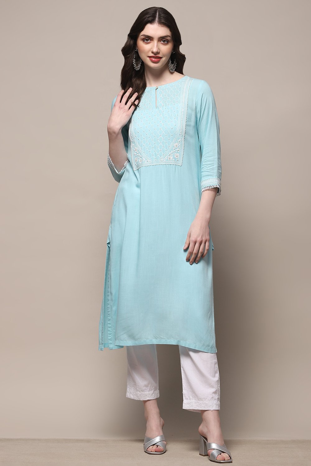 Aqua Blue Cotton Straight Kurta image number 5