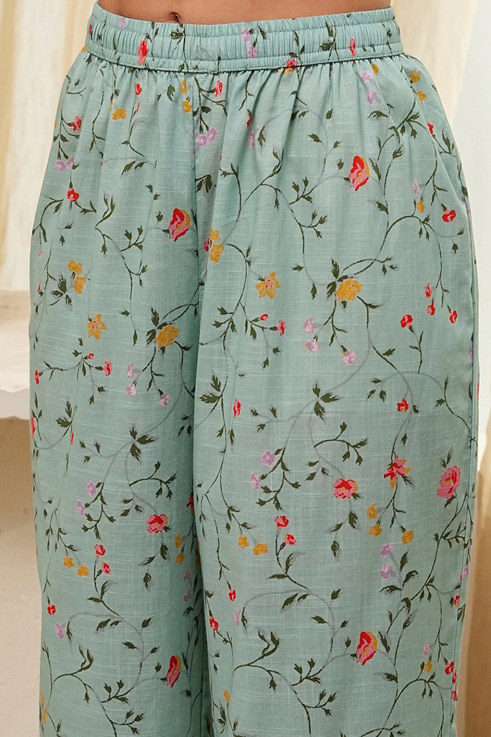 Turquoise Cotton Floral Printed Straight Suit Set image number 2