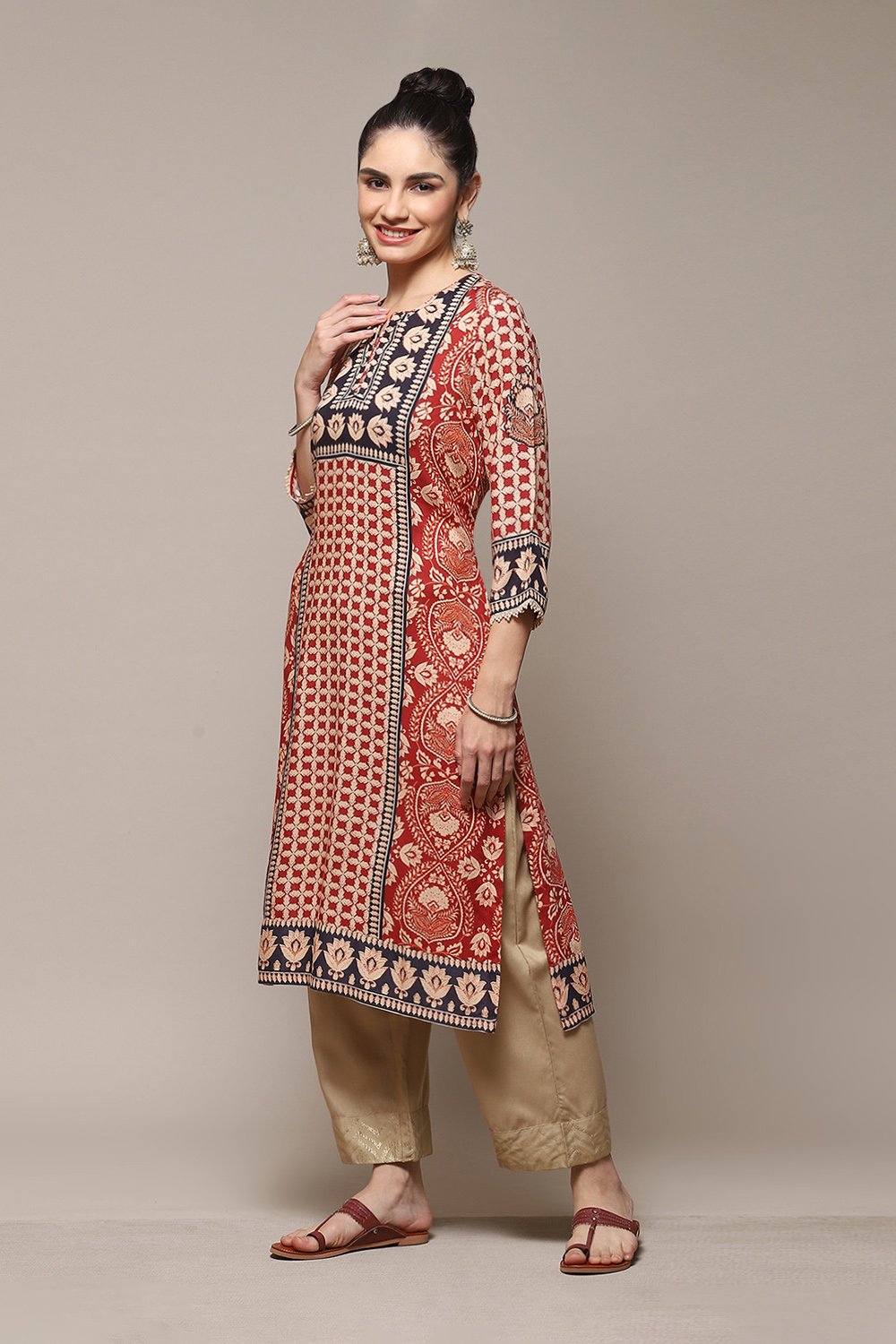 Ochre LIVA Straight Printed Kurta image number 2