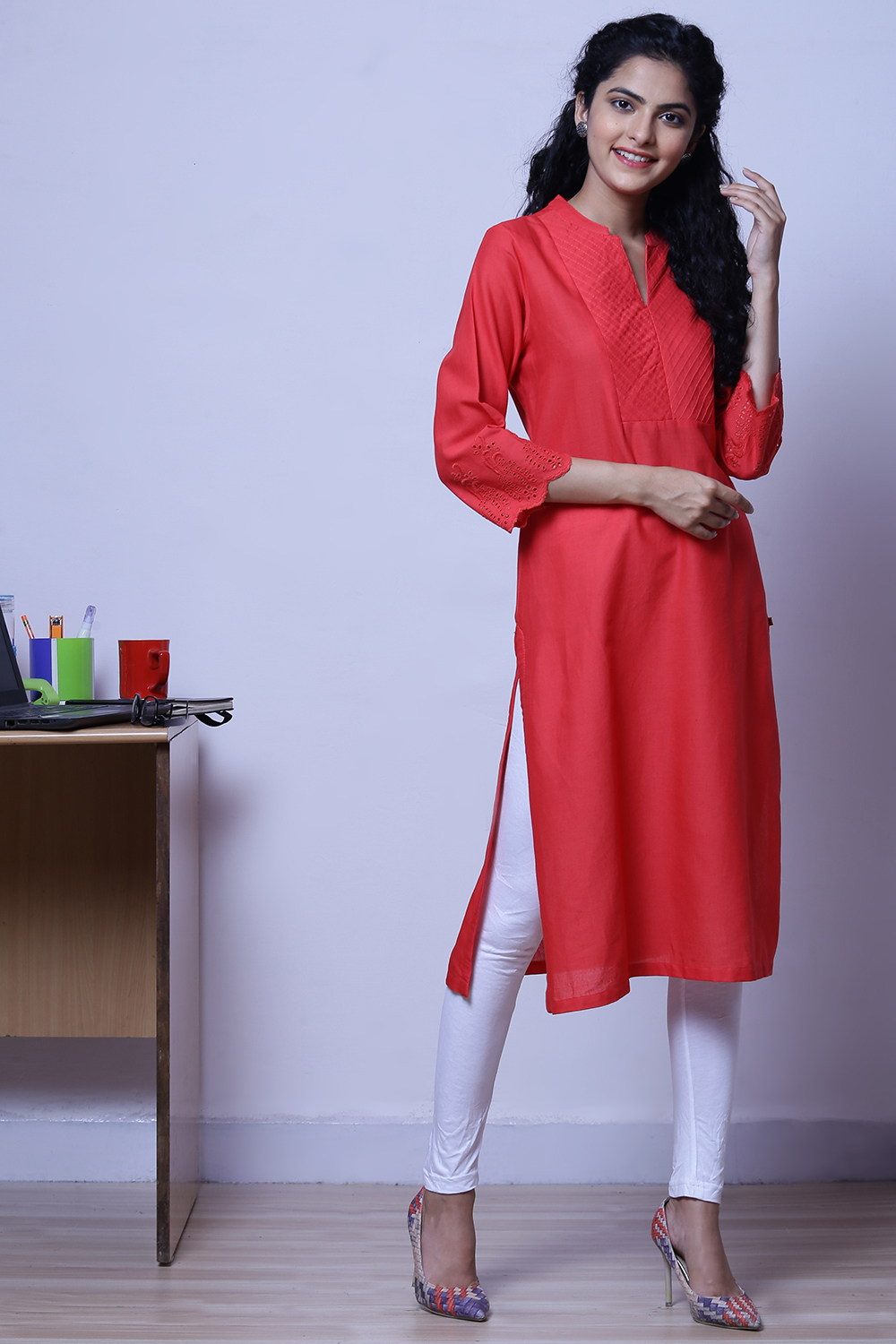 Coral Cotton Flax Kurta image number 3