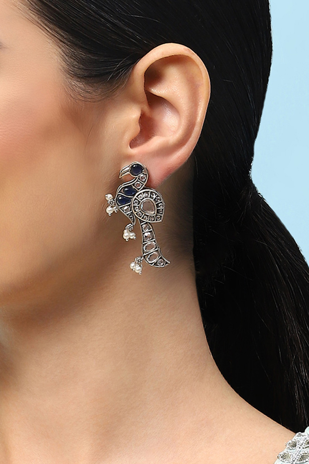 Oxidised Blue & White Brass Earrings image number 1