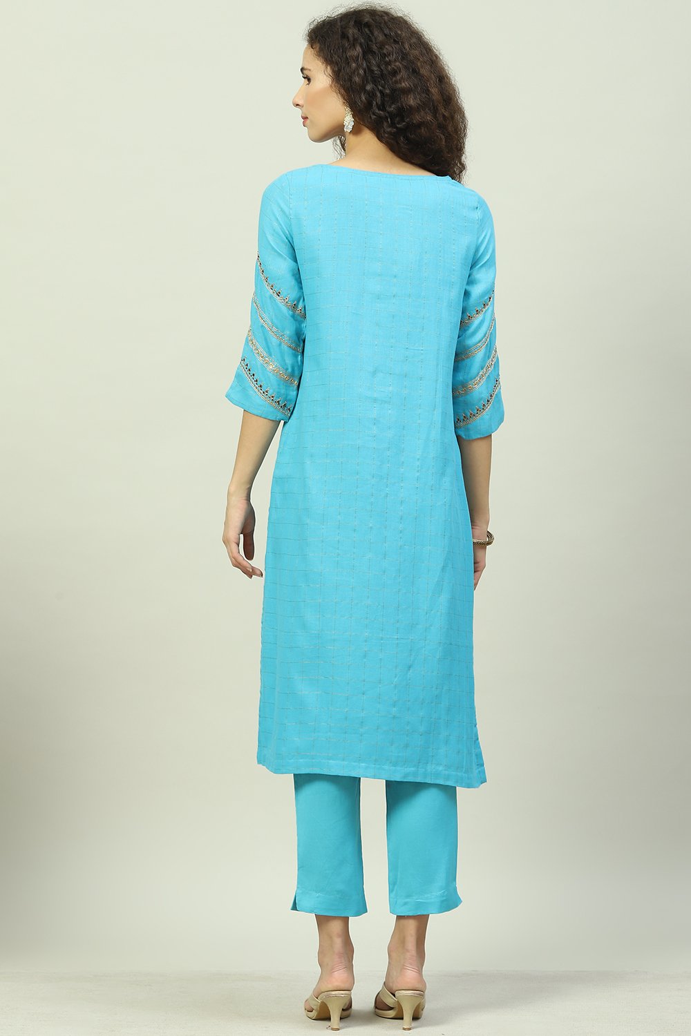 Turquoise Cotton Straight Kurta Slim Pants Suit Set image number 4