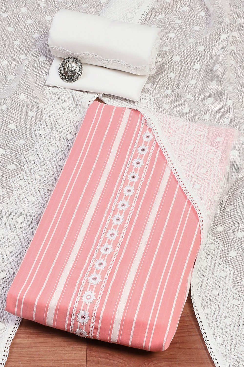Pink Cotton Unstitched Suit Set image number 0