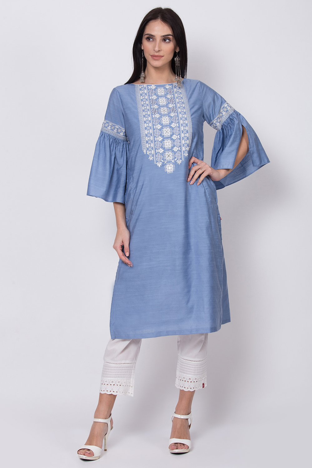 Powder Blue Viscose Silk Straight Embroidered Kurta image number 0