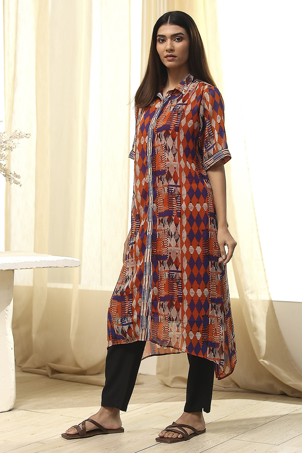 Orange Printed Shirt-Style Straight Kurta image number 2