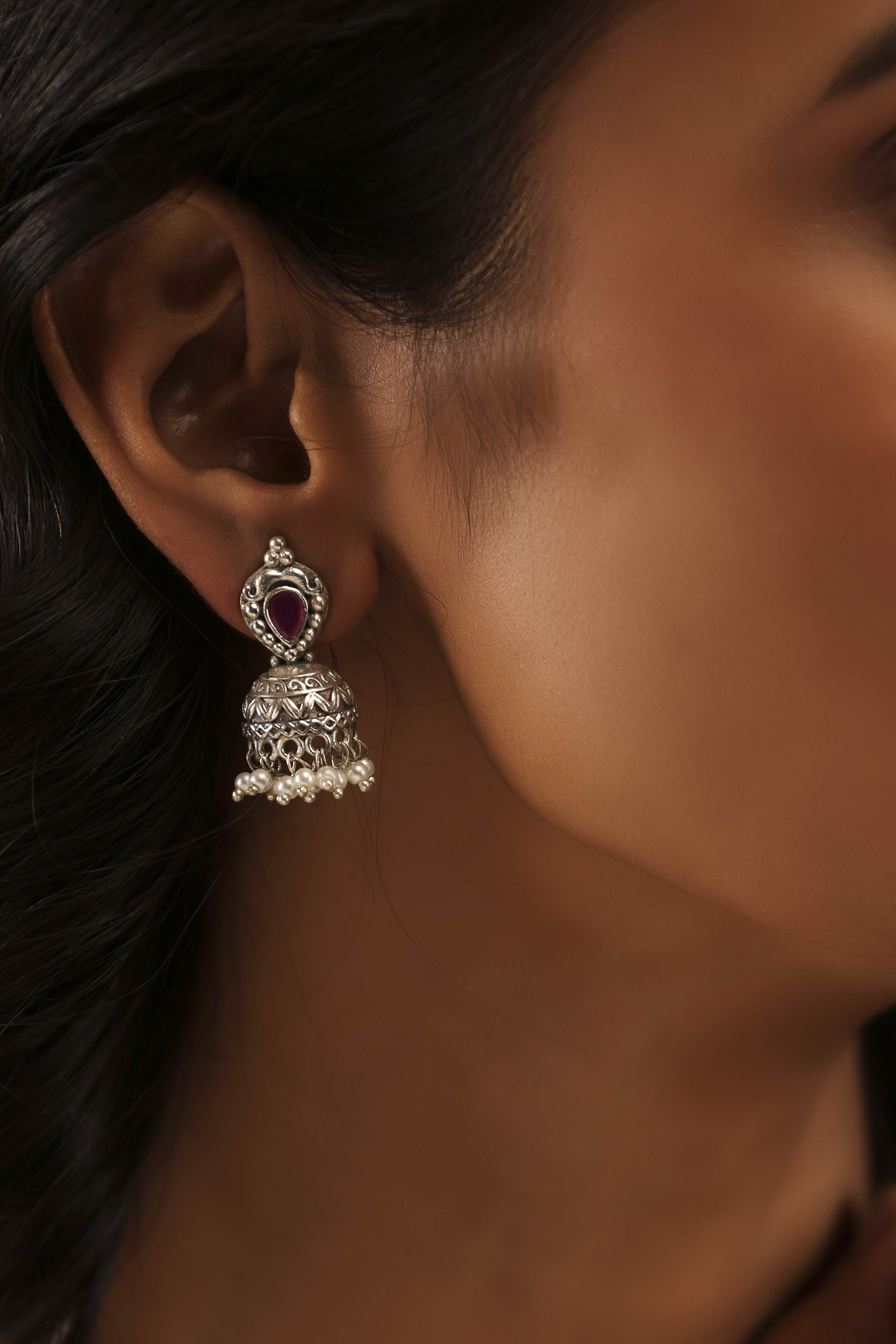 Dark Pink Stone Embellished Earrings image number 1