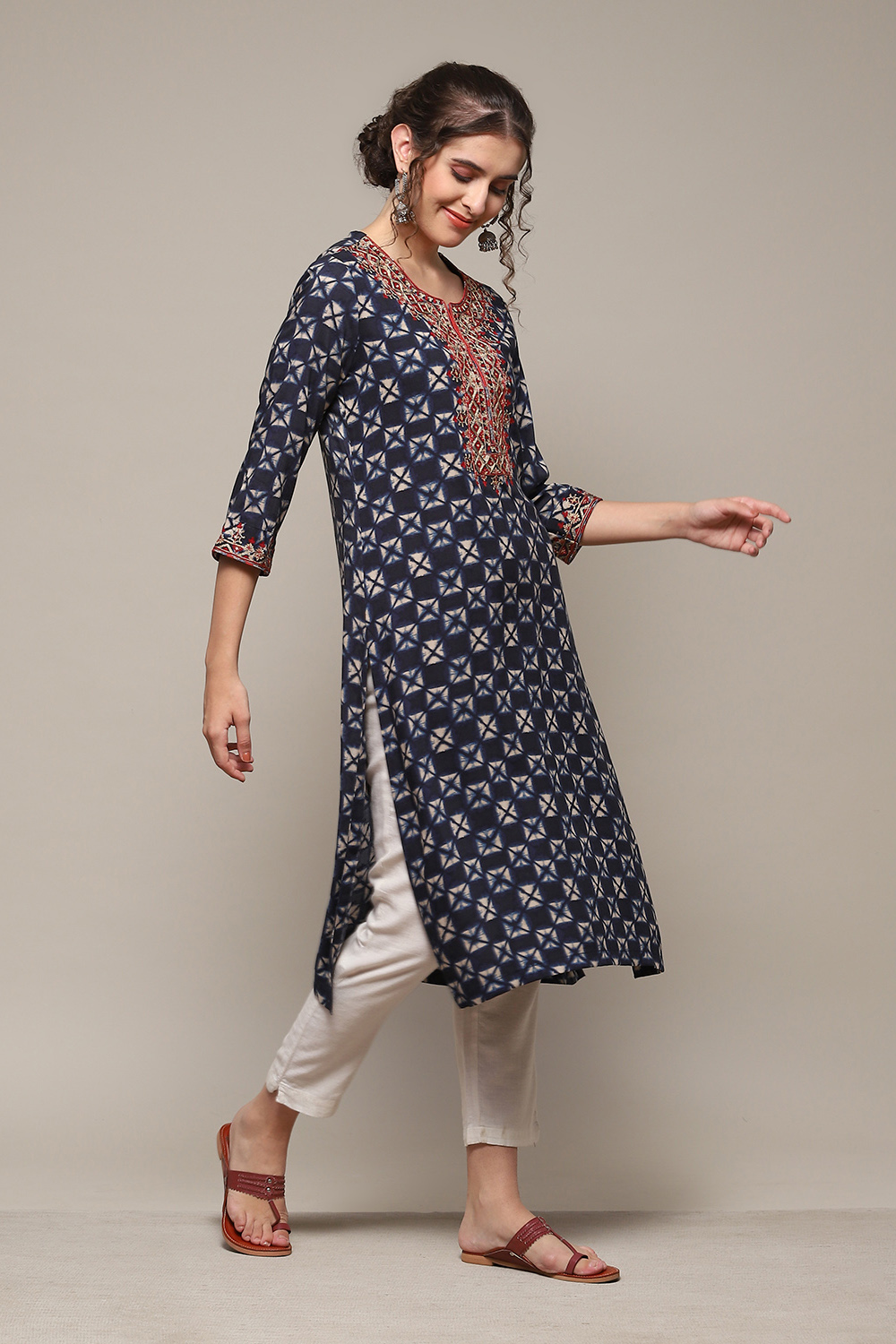 Navy LIVA Straight Printed Kurta image number 3