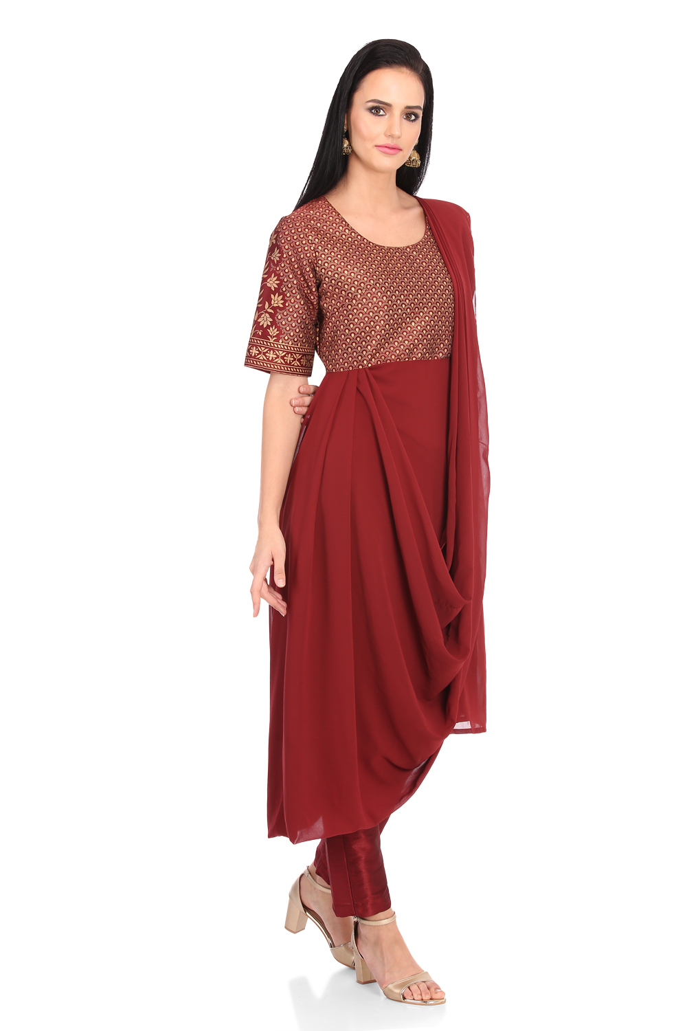 Wine Art Silk Anarkali Kurta Slim Pant Suit Set image number 2