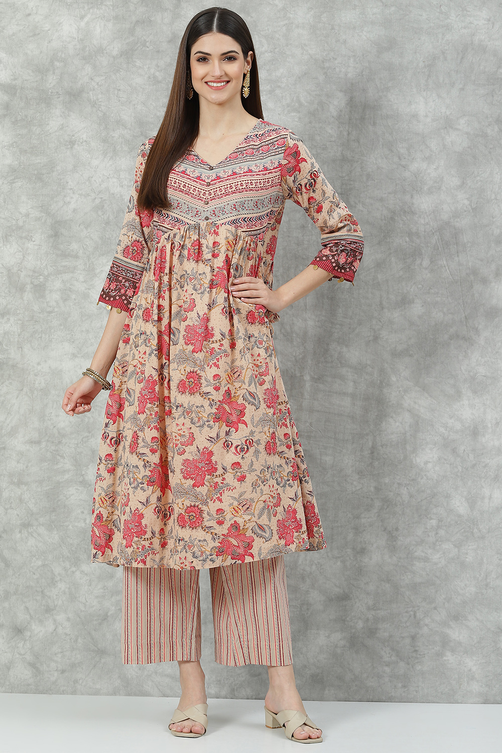 Beige Cotton A-Line Kurta Palazzo Suit Set image number 0