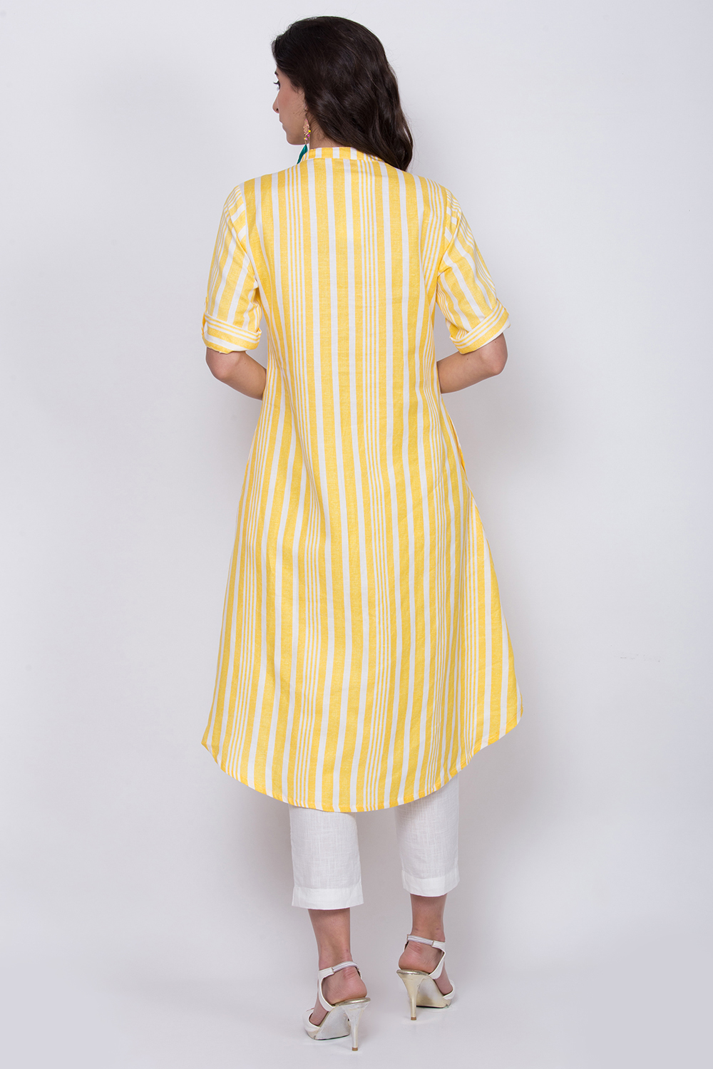 Yellow Striped Linen Printed Kurta image number 4