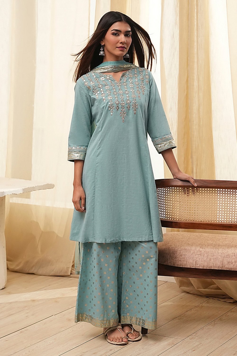 Dull Blue Cotton Embroidered Kalidar Suit Set image number 0