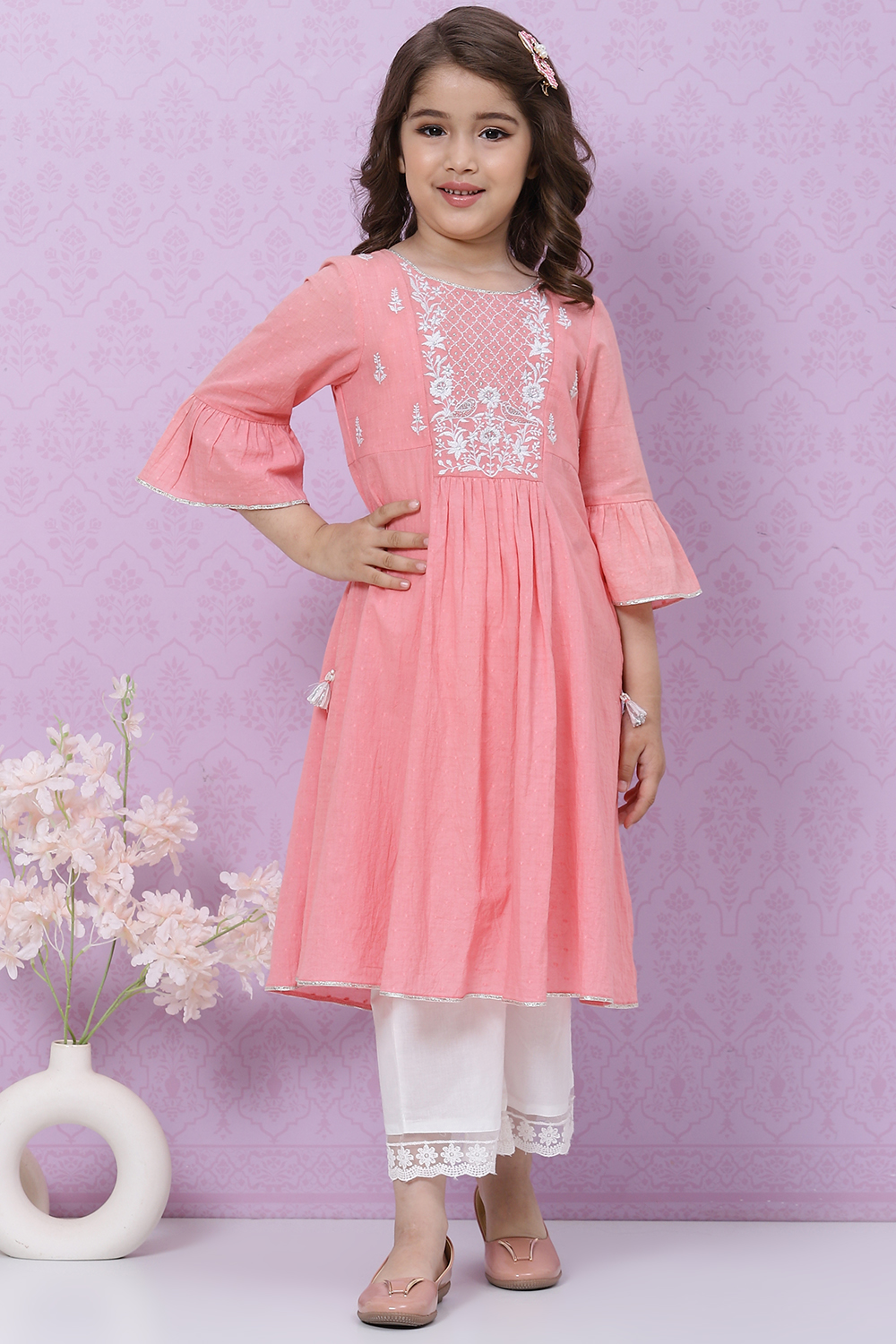 Pink Cotton Flared Embroidered Kurta Set image number 0