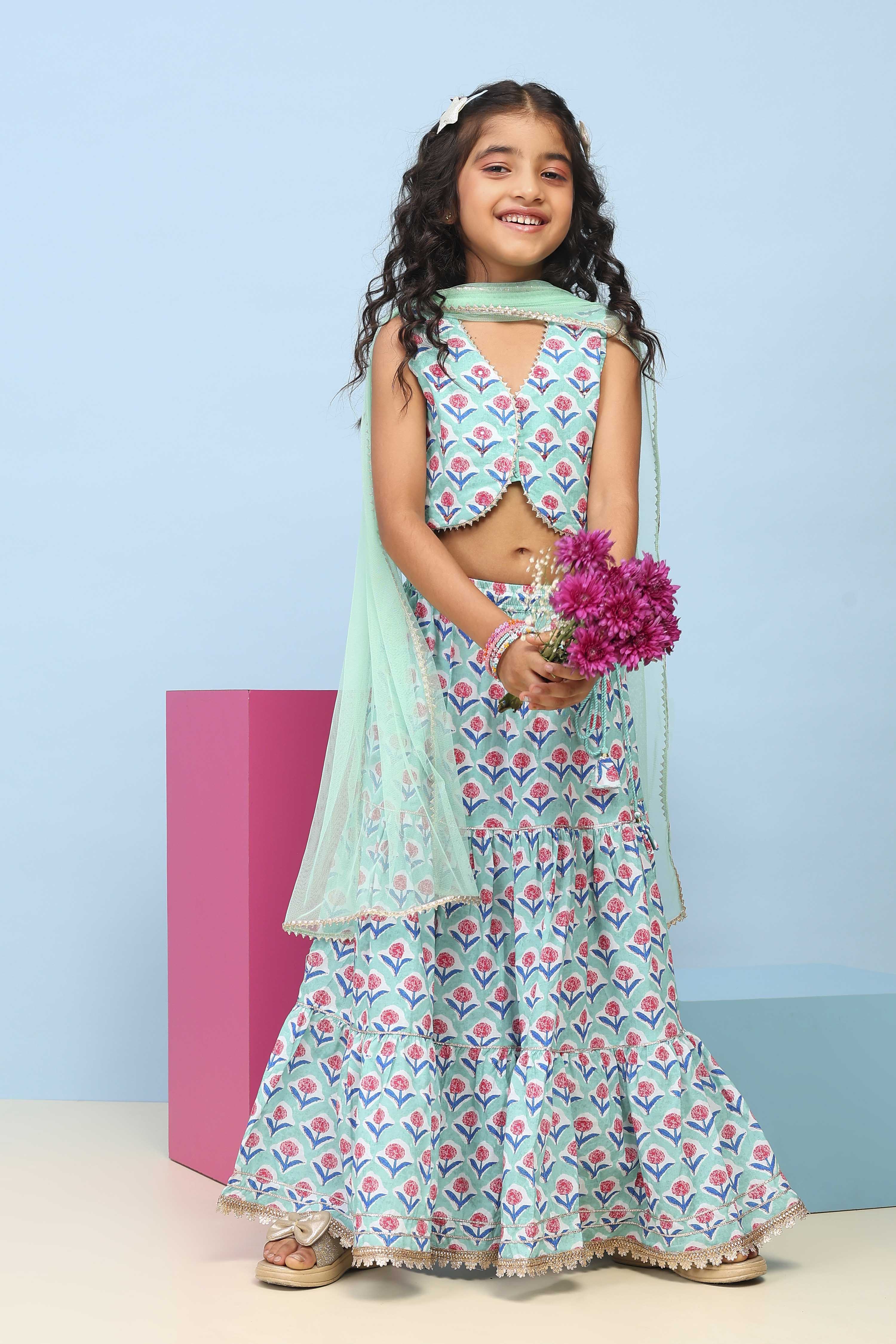 Lilac Cotton Printed Straight Lehenga Set image number 0