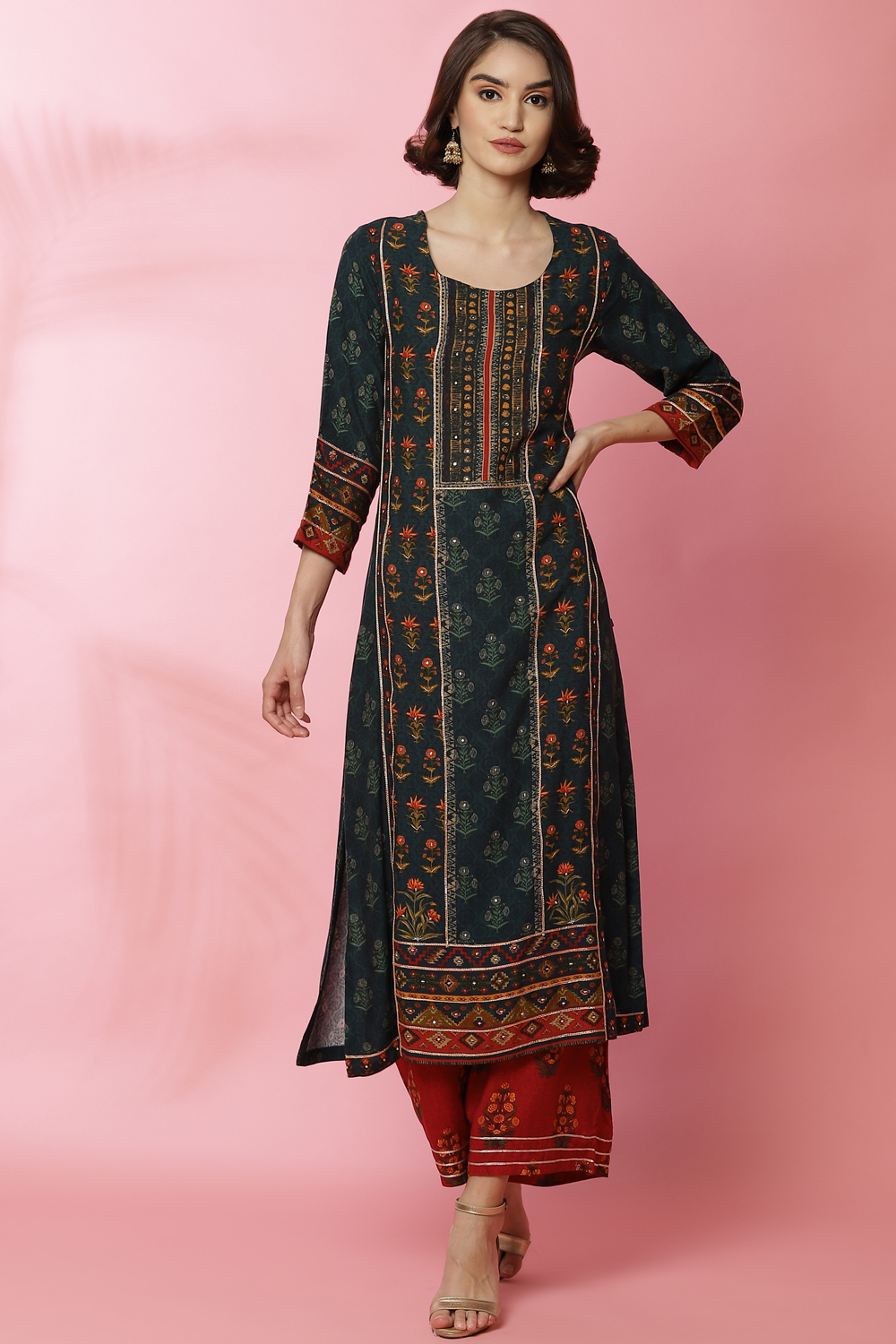 Teal Green LIVA Straight Printed Kurta image number 0