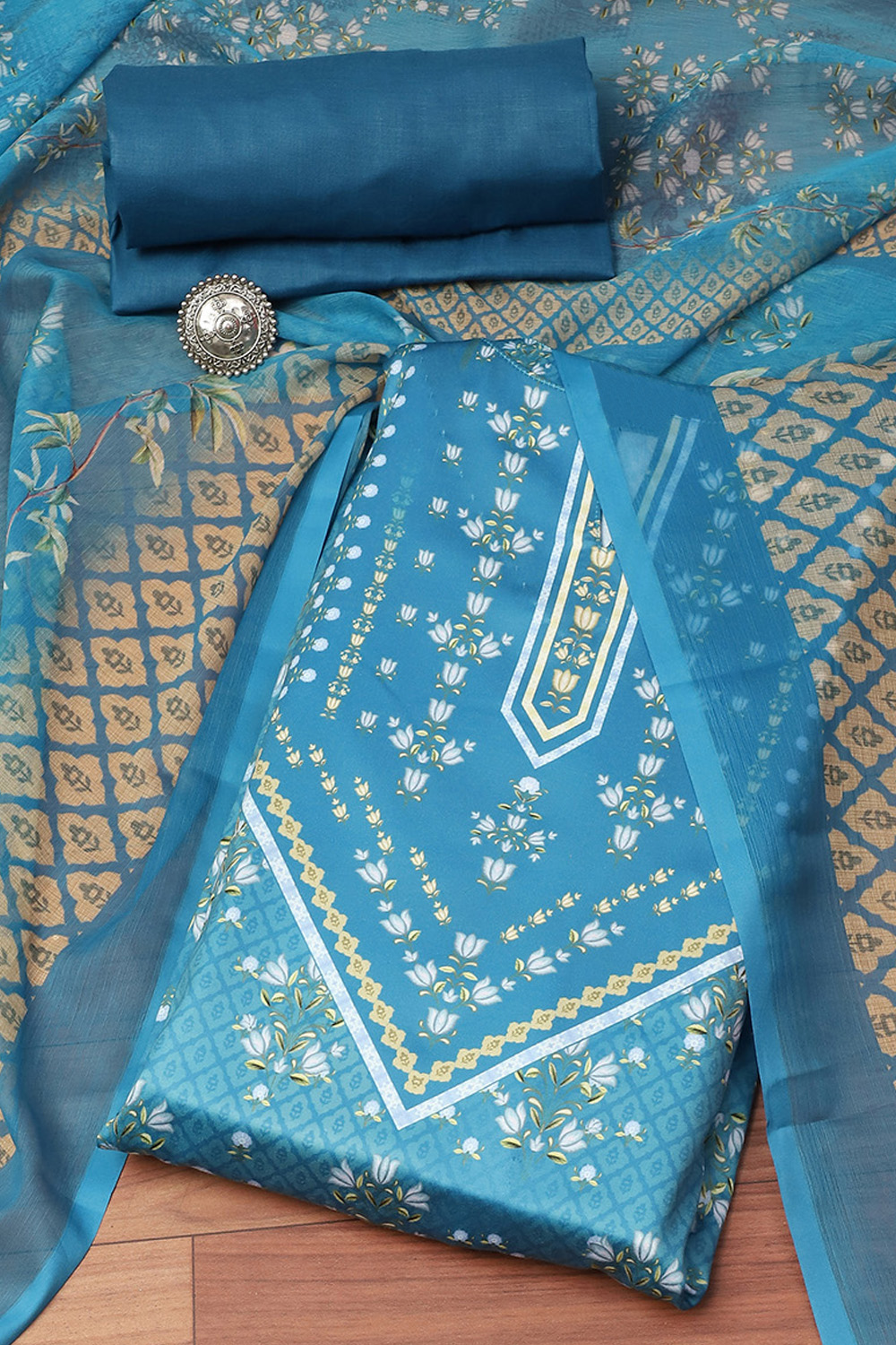 Blue Cotton Screen Print Unstitched Suit Set Kurta, Bottom, Dupatta at ...