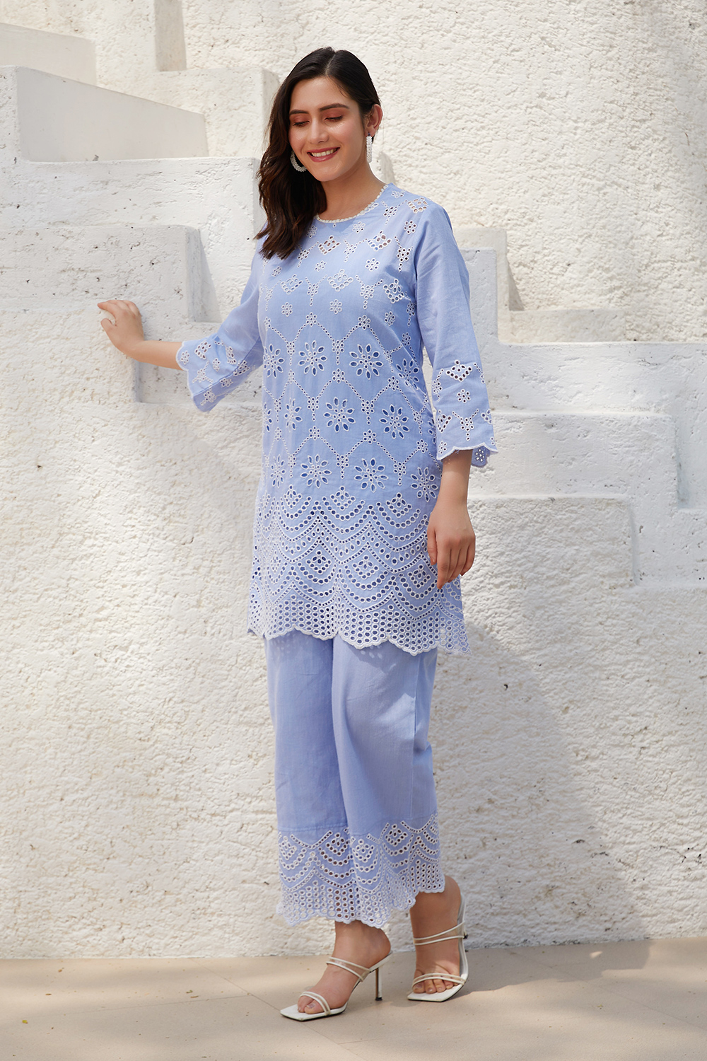 Sky Blue Cotton Straight Suit Set image number 3