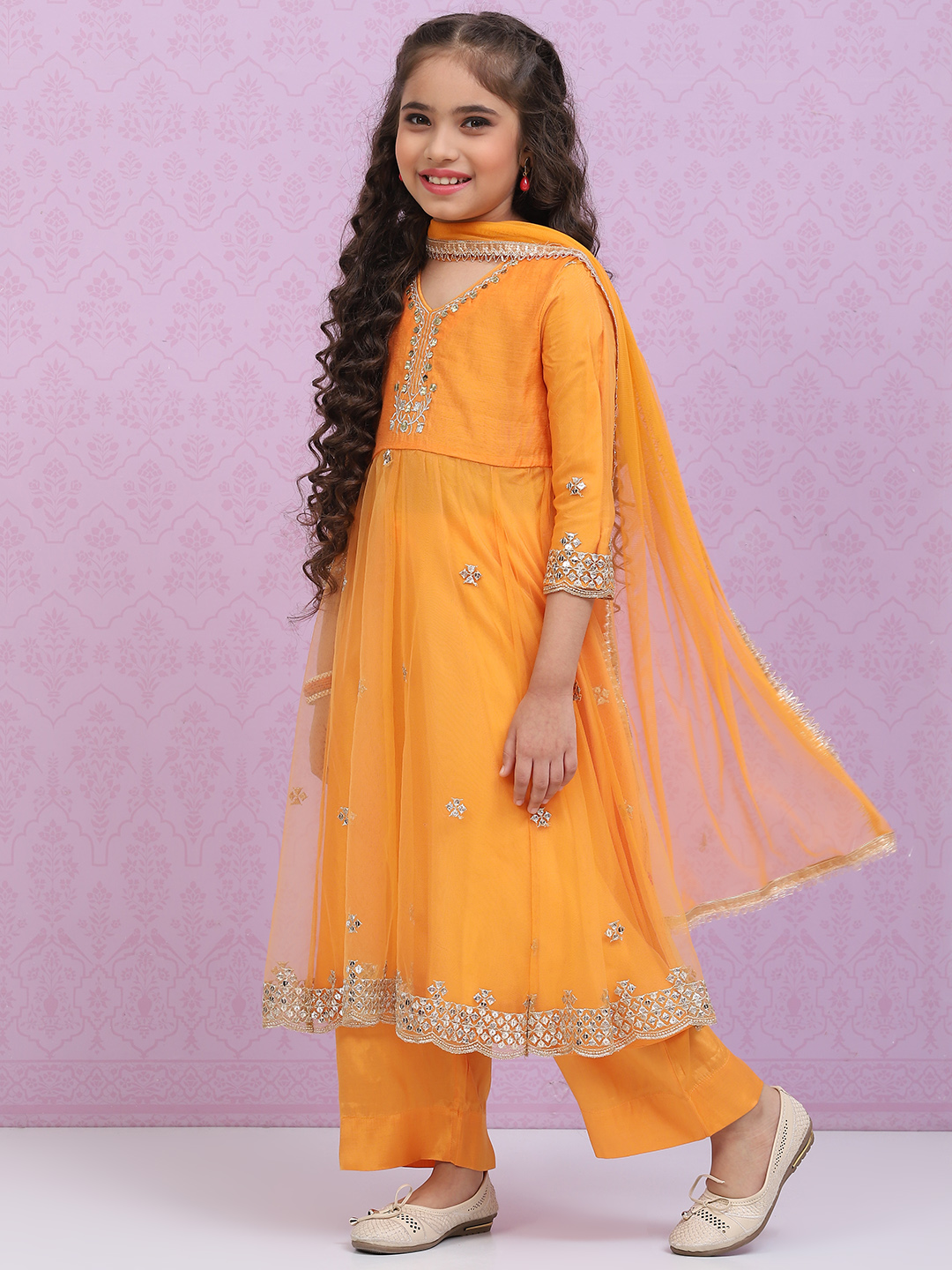 Orange Art Silk A Line Straight Kurta Palazzo Suit Set