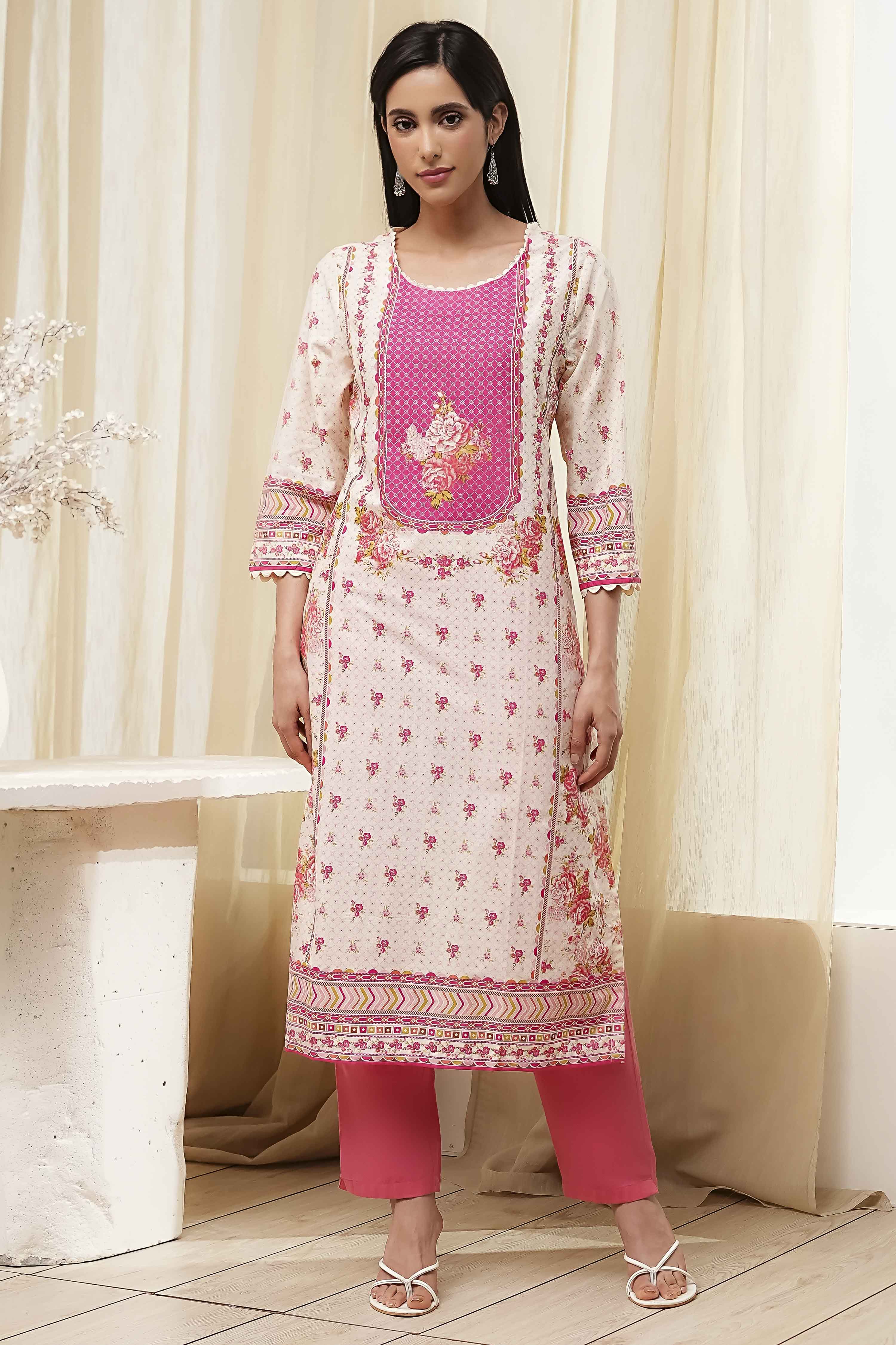 Pink Cotton Printed Straight Kurta image number 5
