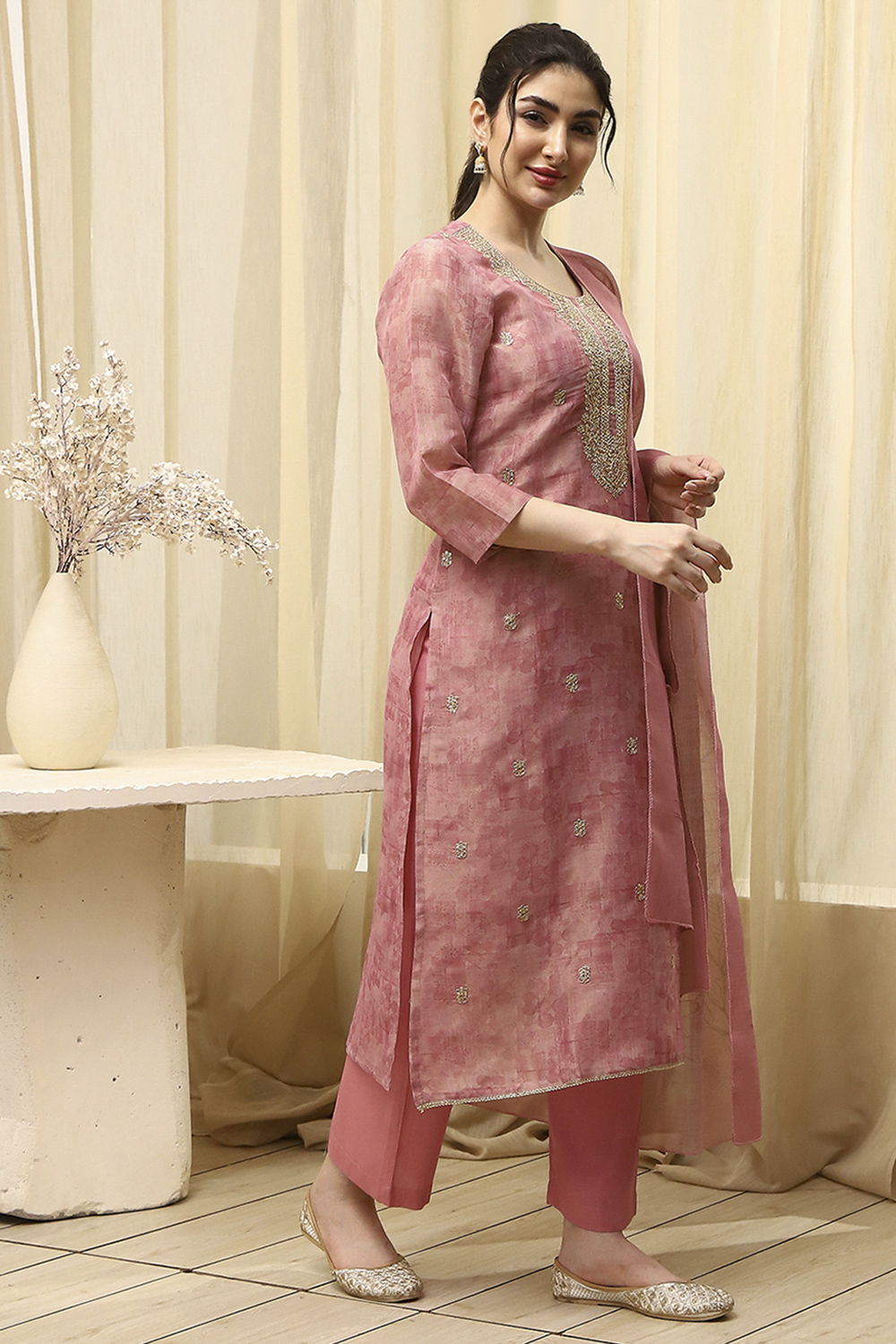 Pink Chanderi Machine Embroidered Unstitched Suit Set image number 6