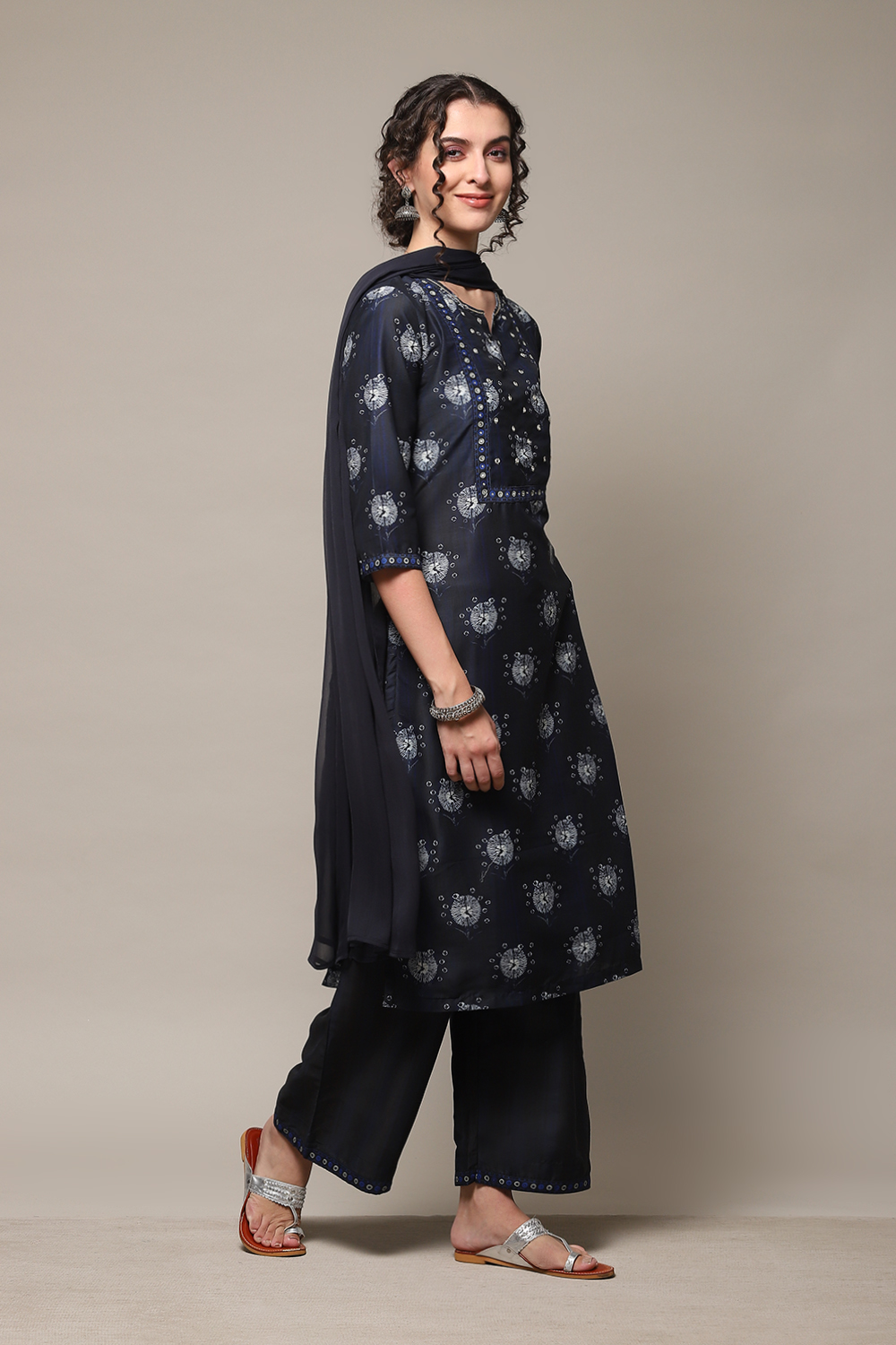 Navy Art Silk Straight Kurta Palazzo Suit Set image number 6