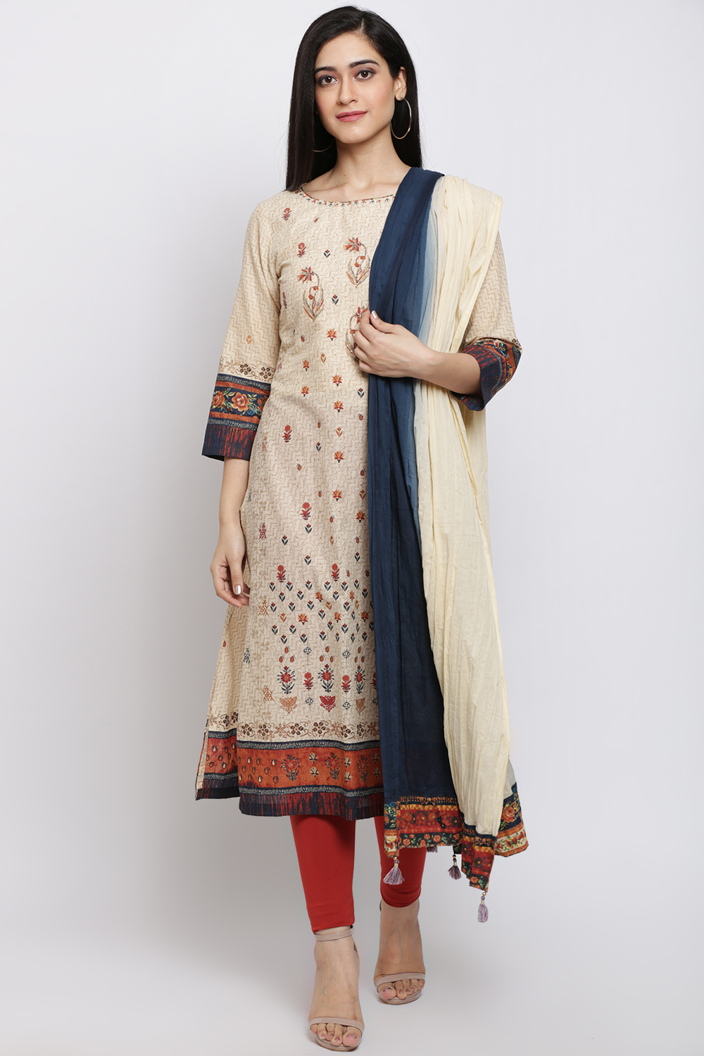 Cream Cotton Straight Printed Kurta image number 4