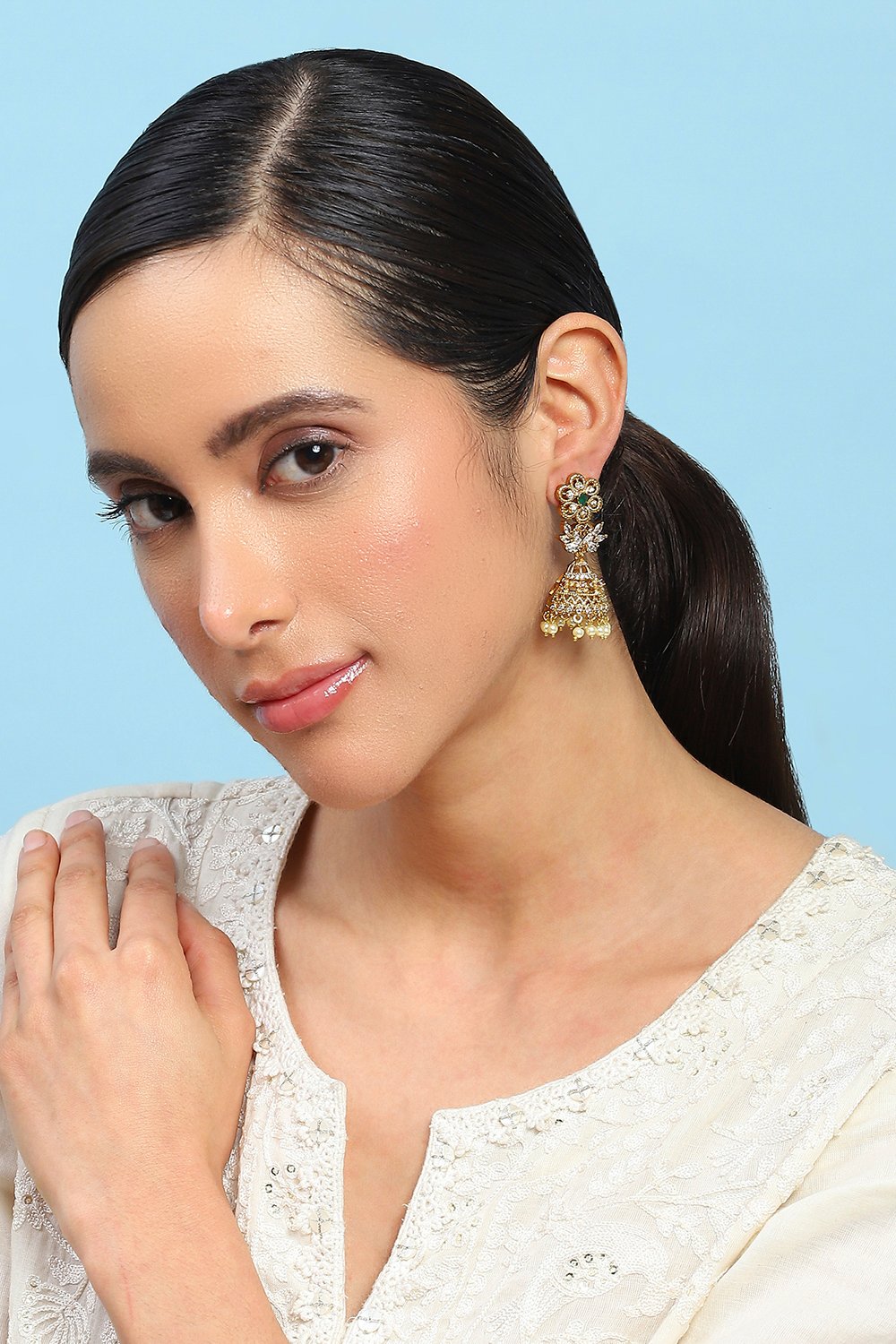 Gold Green Alloy Jhumka image number 3