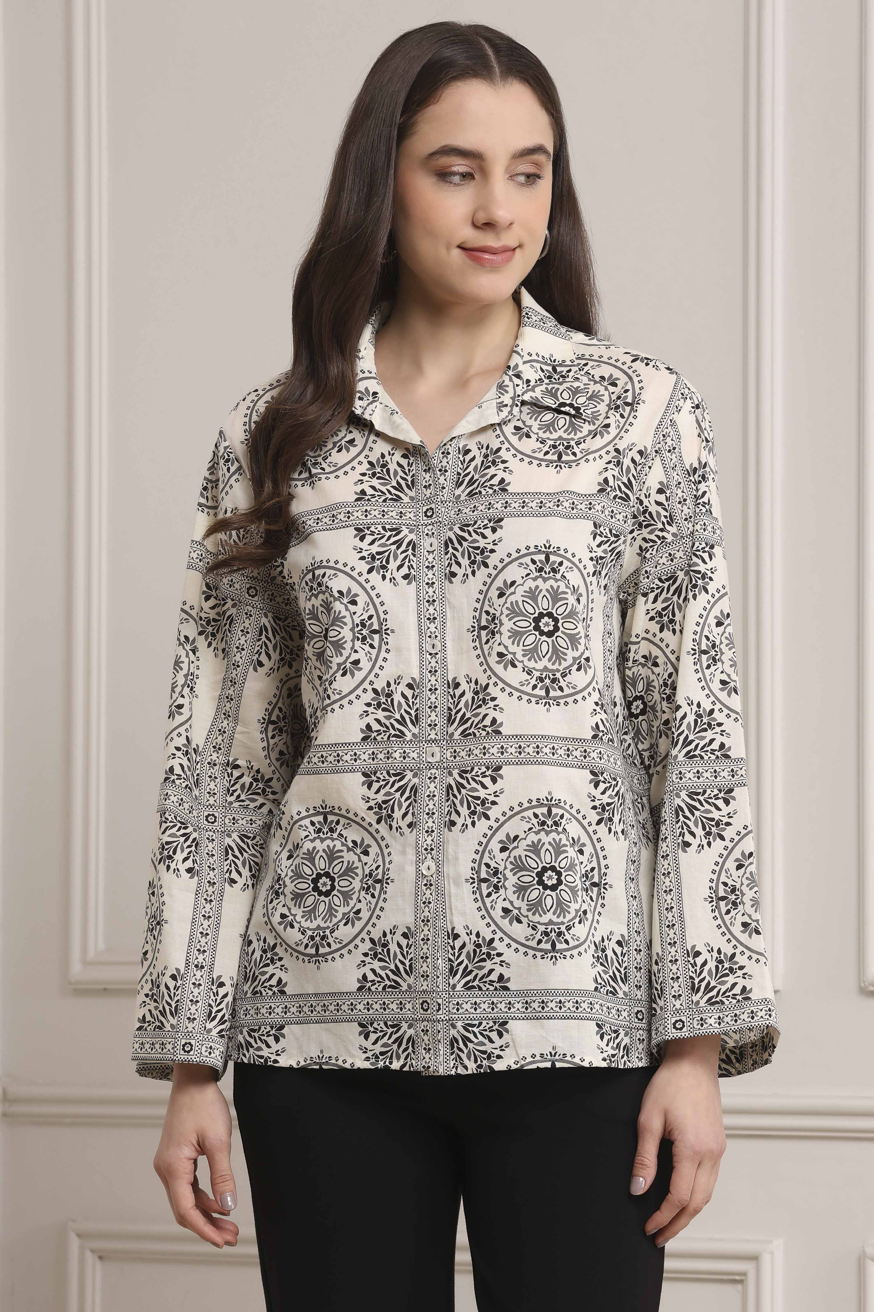 Black Cotton Printed Straight Shirt image number 0