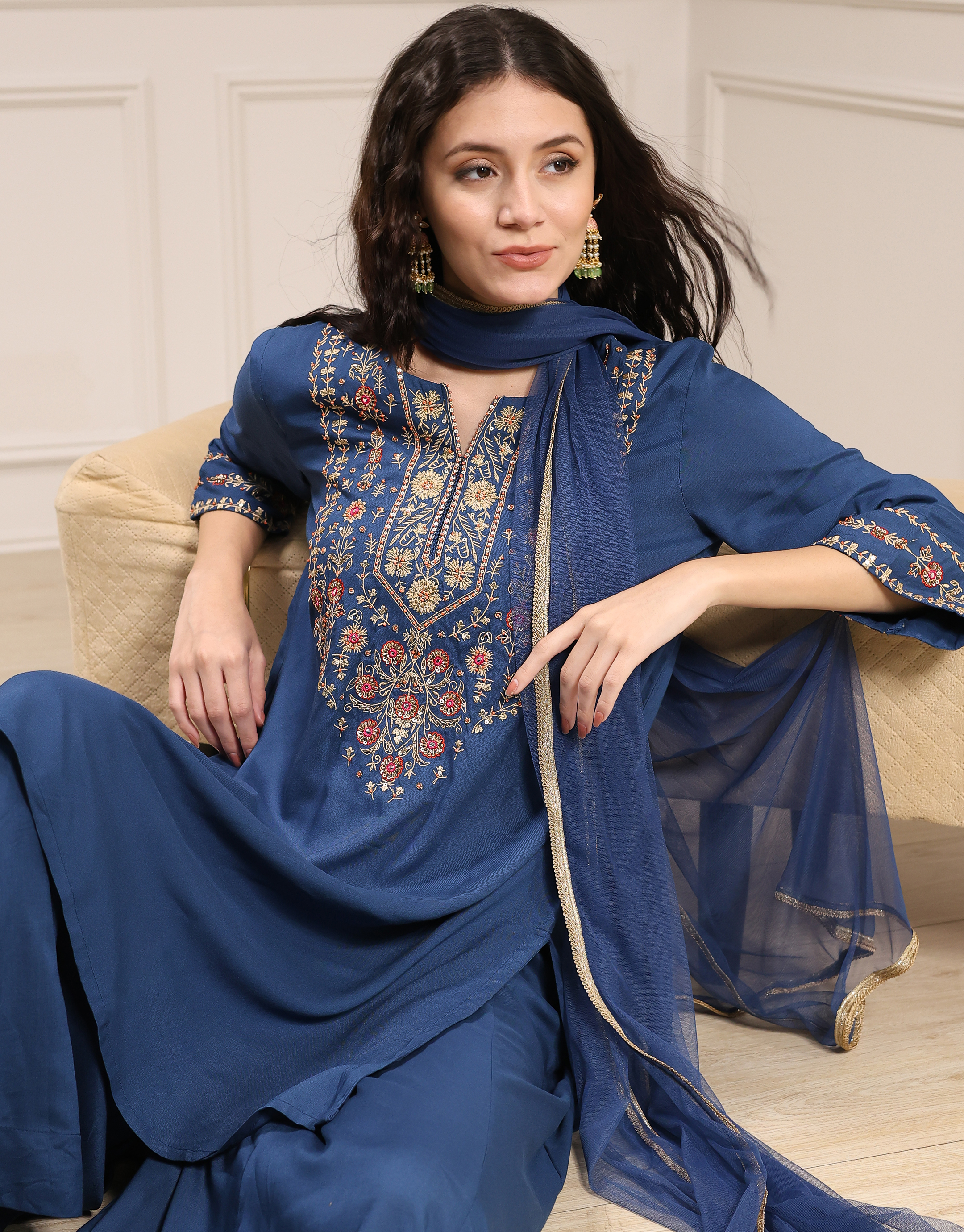 Navy Blue Embroidered Straight Suit Set image number 0