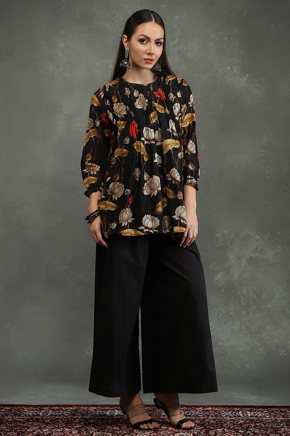 Cream-Colored Silk Chanderi Floral Printed Gathered Co-ord Set image number 5