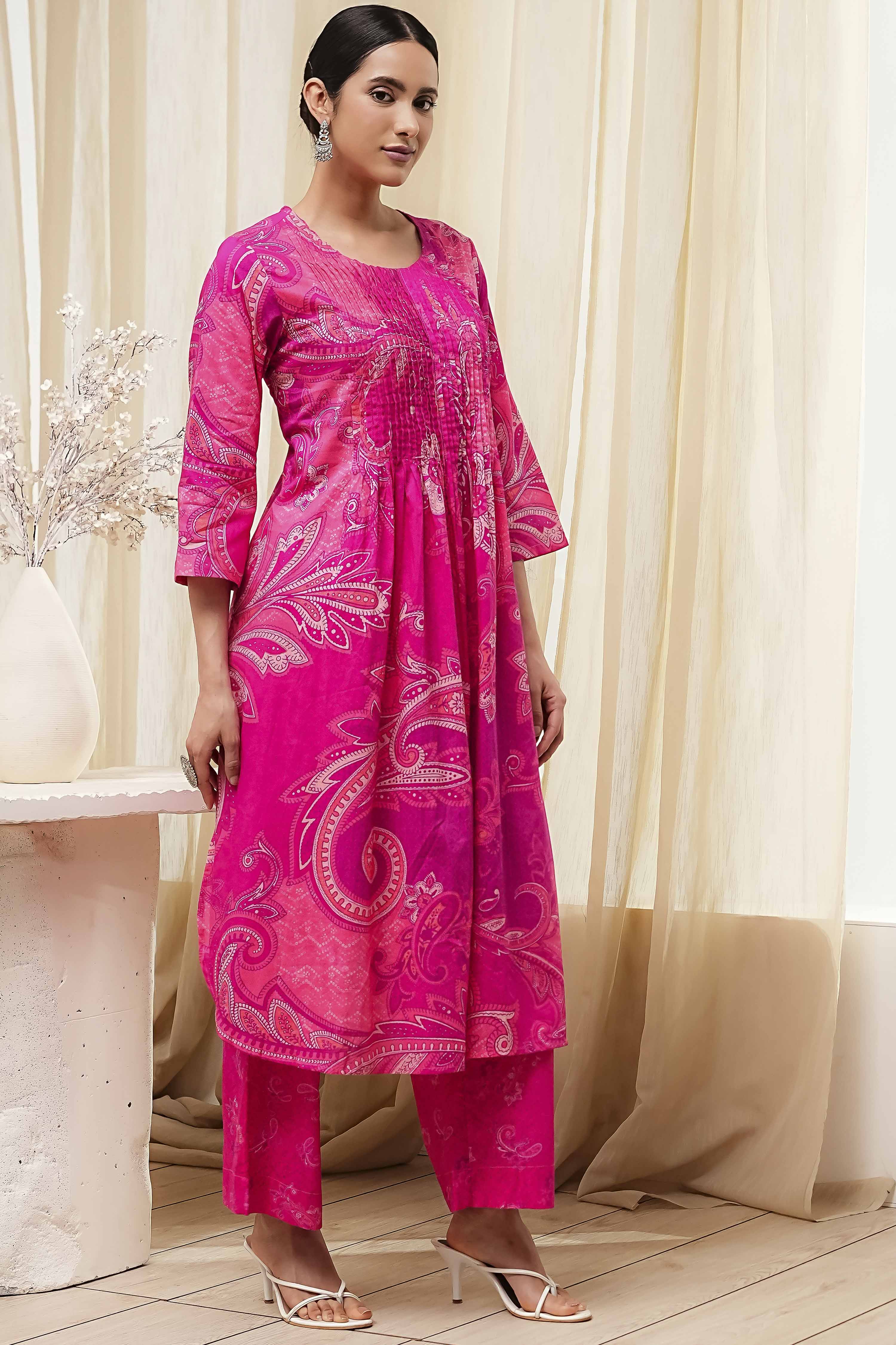 Pink Cotton Printed Pleated Kurta Set image number 5