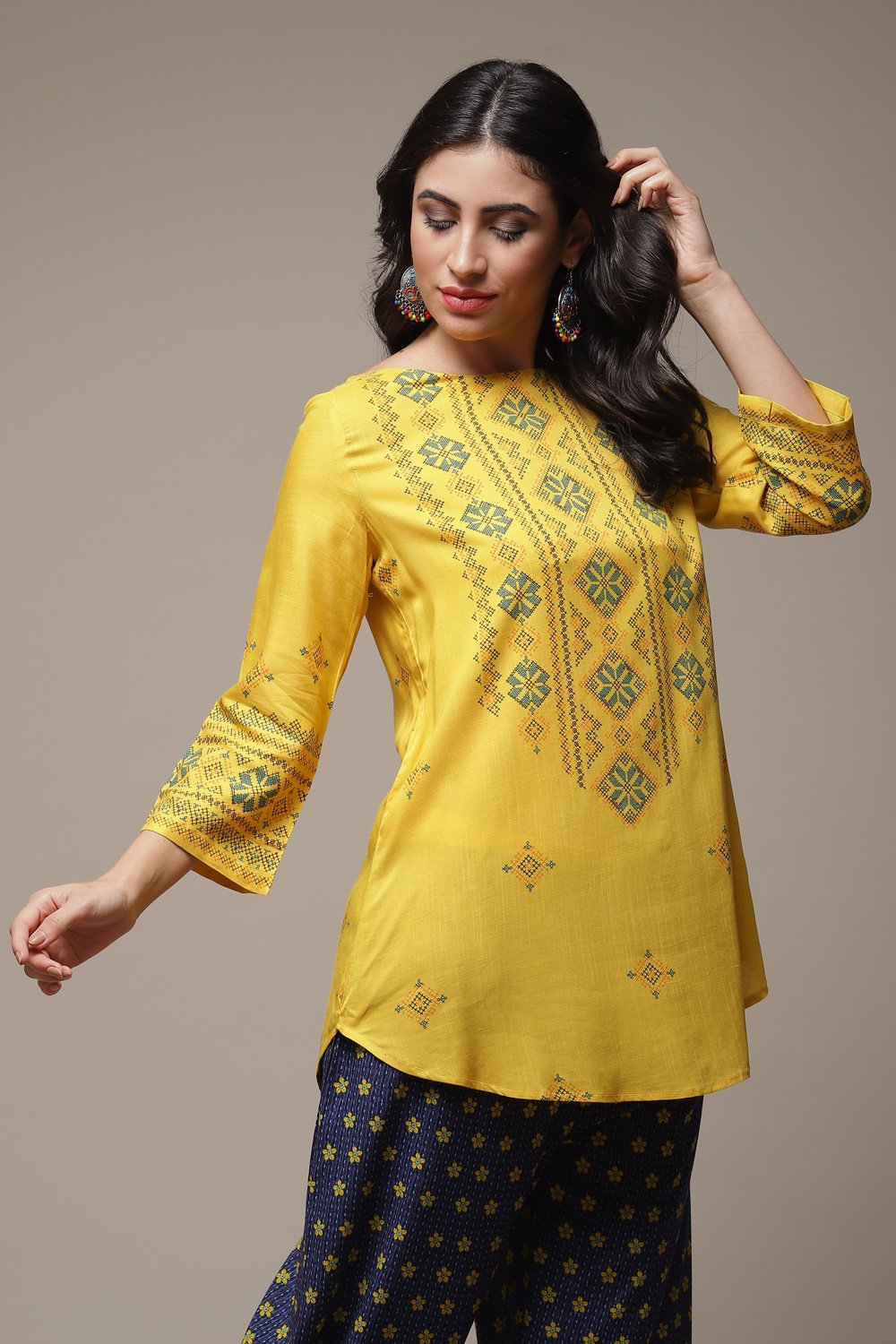 Yellow Rayon Printed Kurti