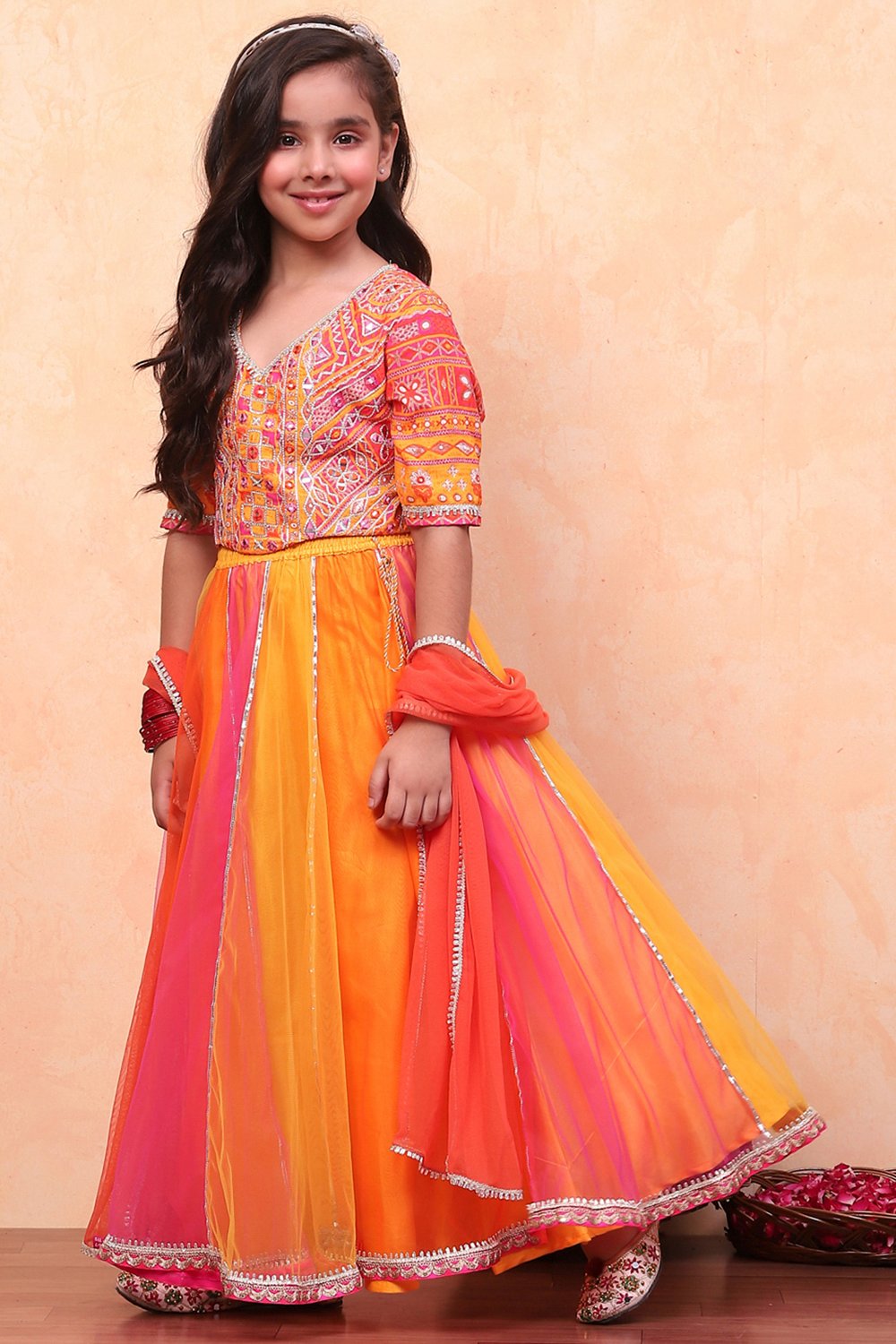 Yellow and Pink Embellished Festive Flared Lehenga Set image number 3