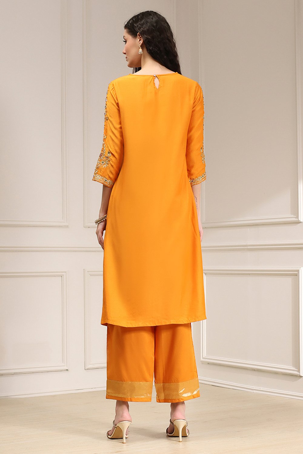 Orange Solid Straight Suit Set image number 4
