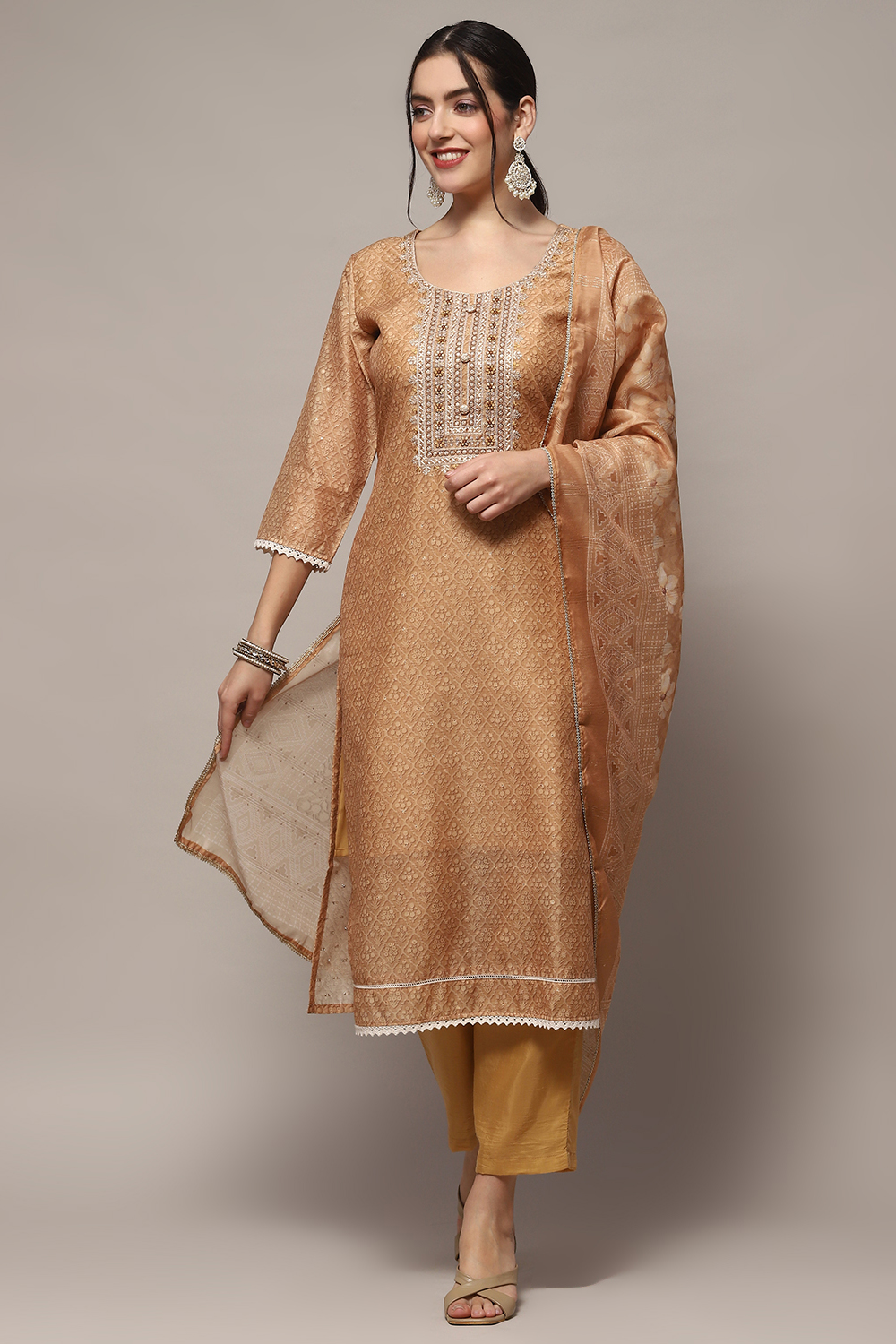 Golden Chanderi Blend Unstitched Suit set image number 1