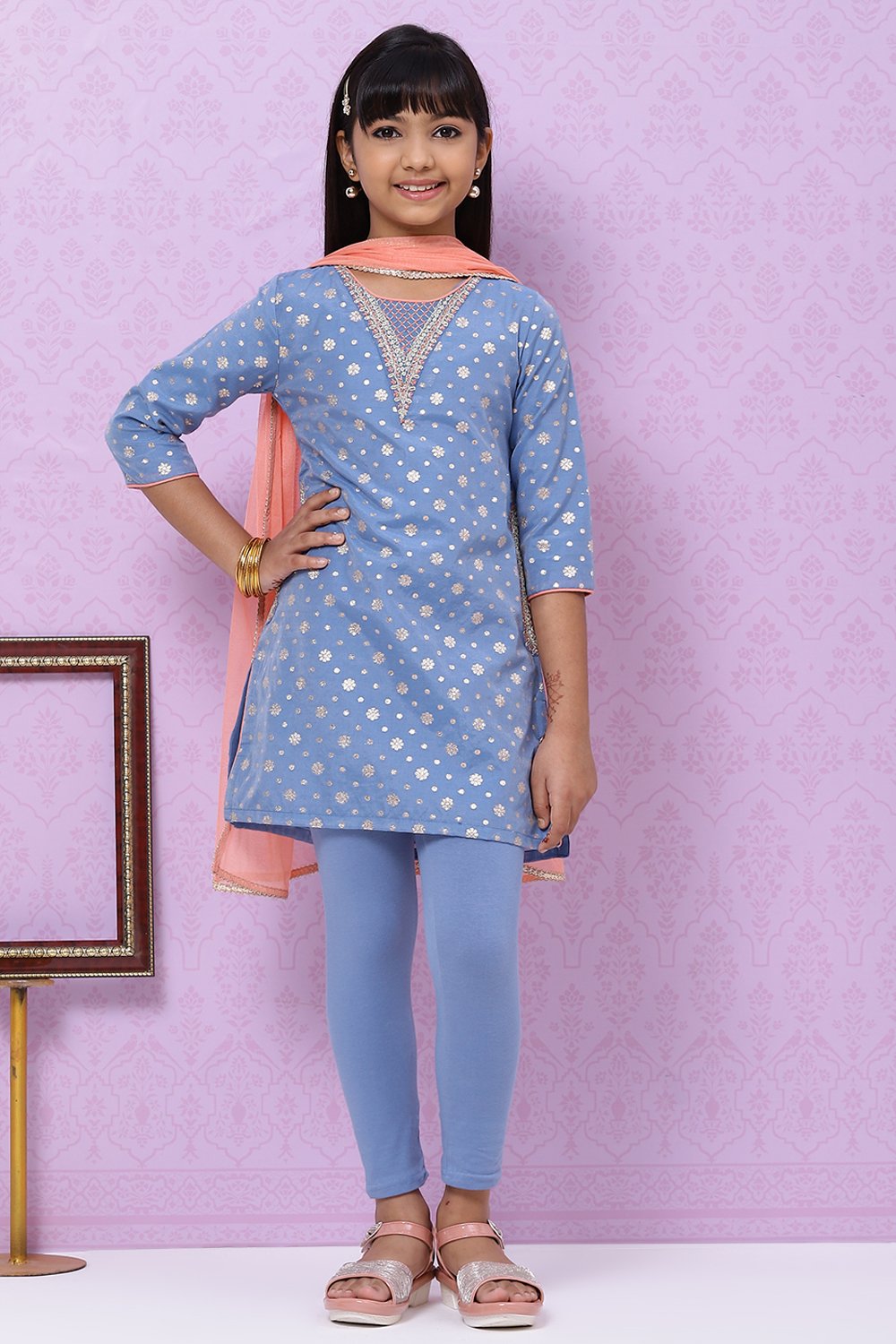 Blue Poly Metallic Cotton Girls Straight Kurta Legging Suit Set image number 0