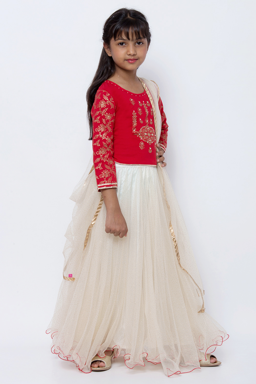 Red And Off White Lehenga Set image number 3