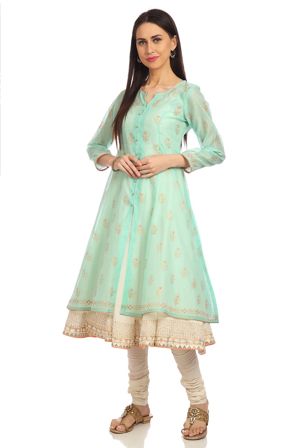 Coral Pink Front Open Cotton Kurta Churidar Suit Set image number 3