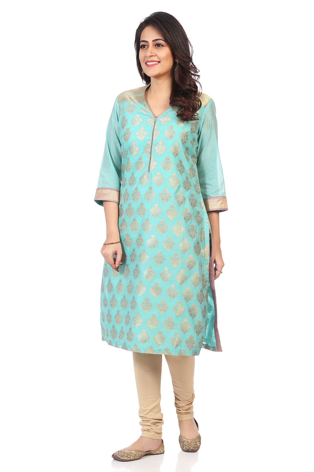 Green Poly Metallic Cotton Straight Printed Kurta image number 3