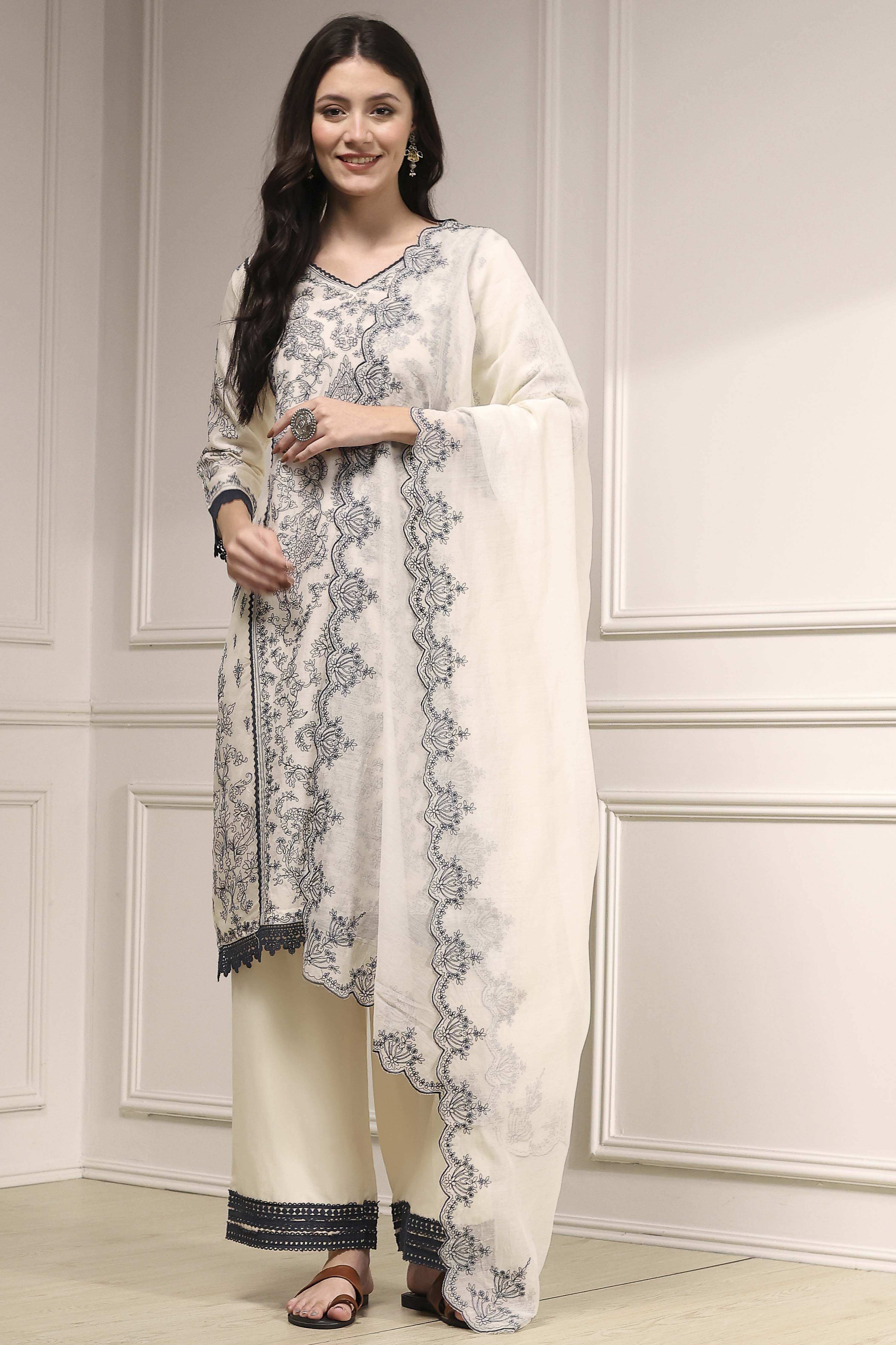 Natural White Chanderi Straight Dyed Suit Set image number 6